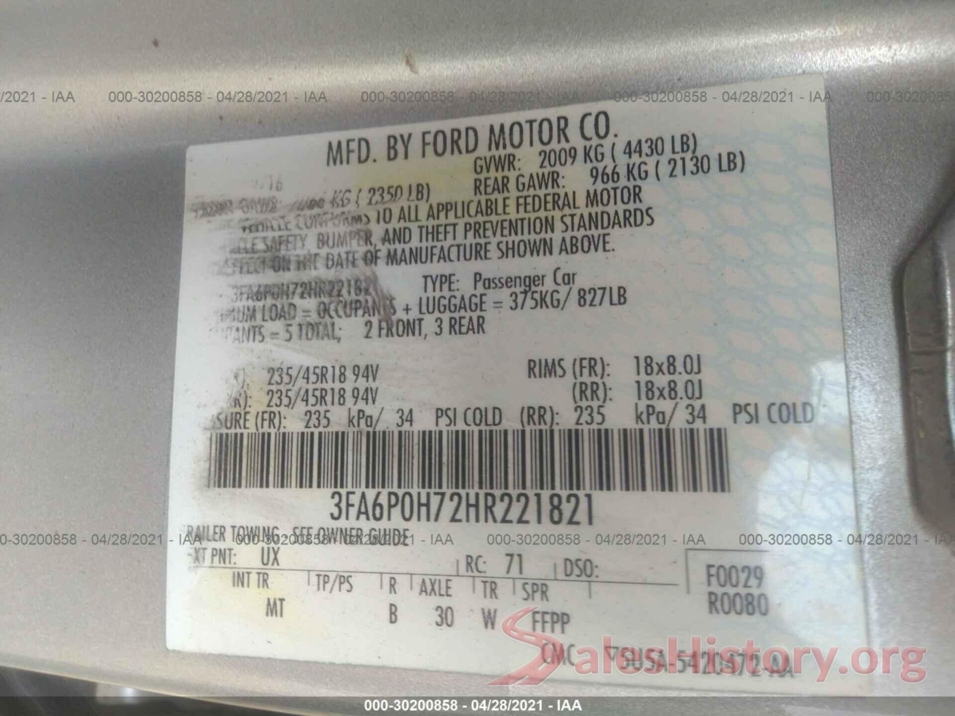 3FA6P0H72HR221821 2017 FORD FUSION