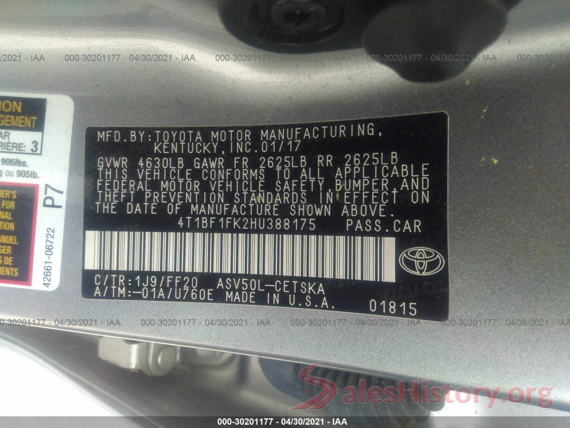 4T1BF1FK2HU388175 2017 TOYOTA CAMRY