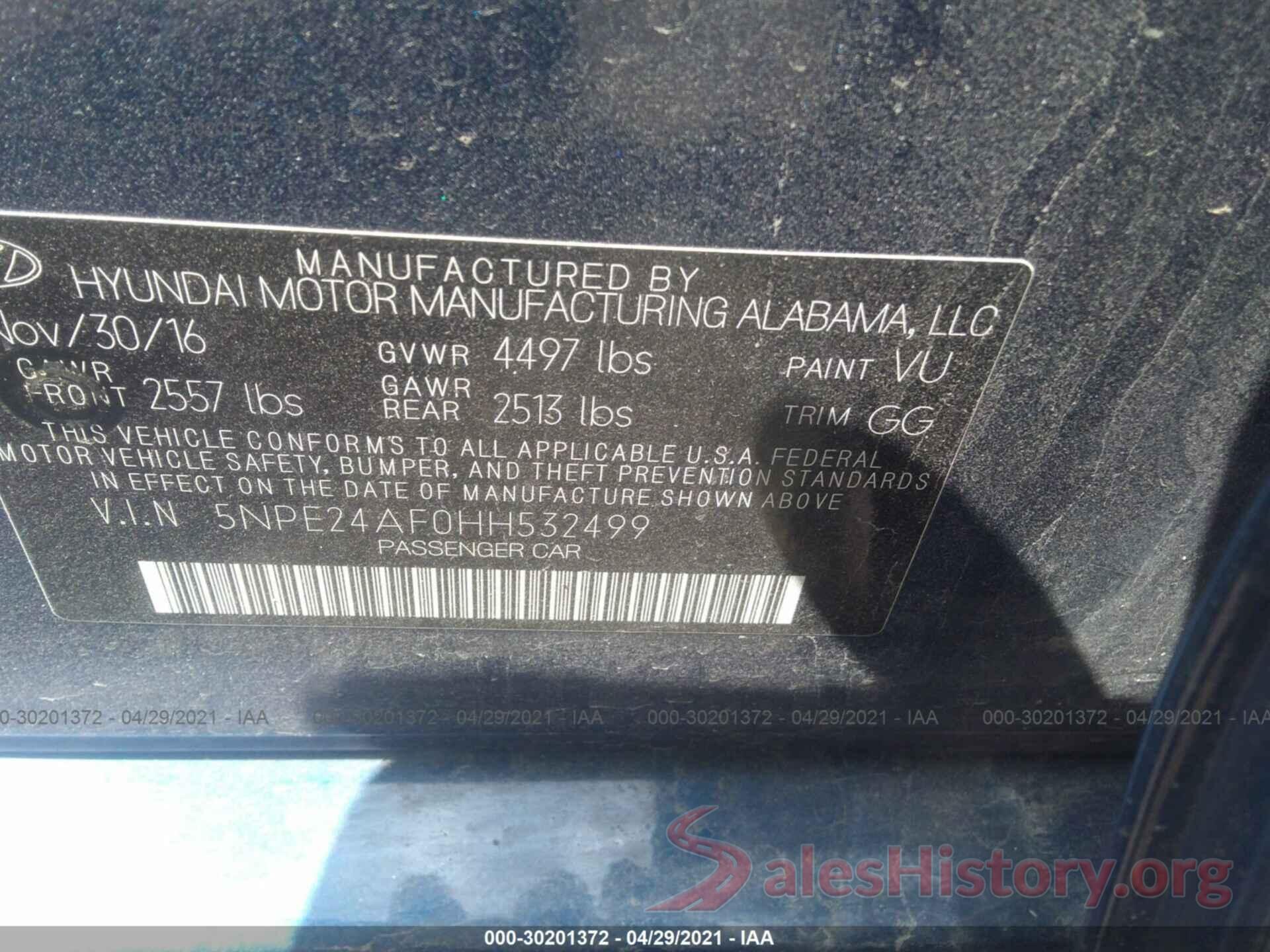 5NPE24AF0HH532499 2017 HYUNDAI SONATA