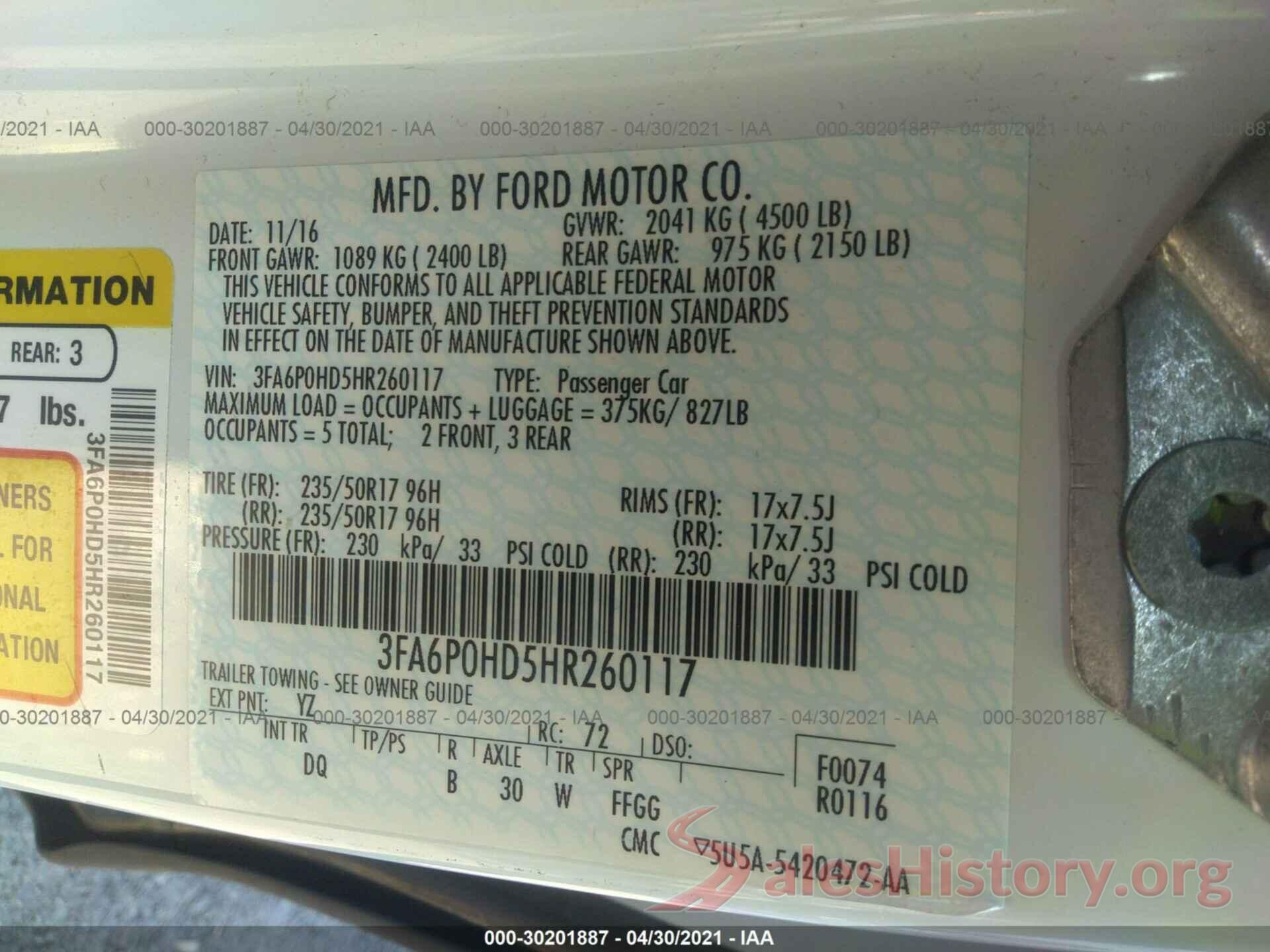 3FA6P0HD5HR260117 2017 FORD FUSION