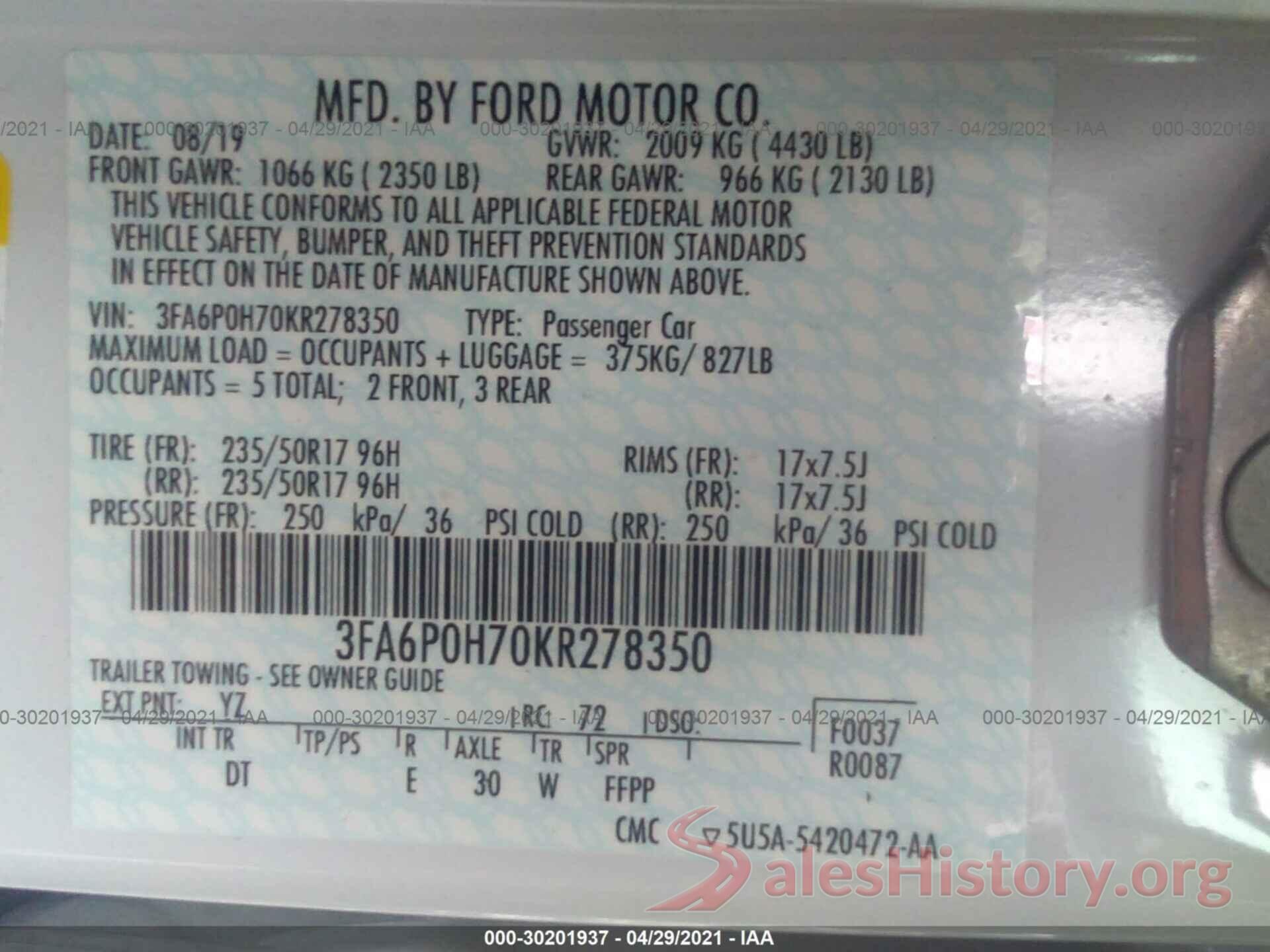 3FA6P0H70KR278350 2019 FORD FUSION