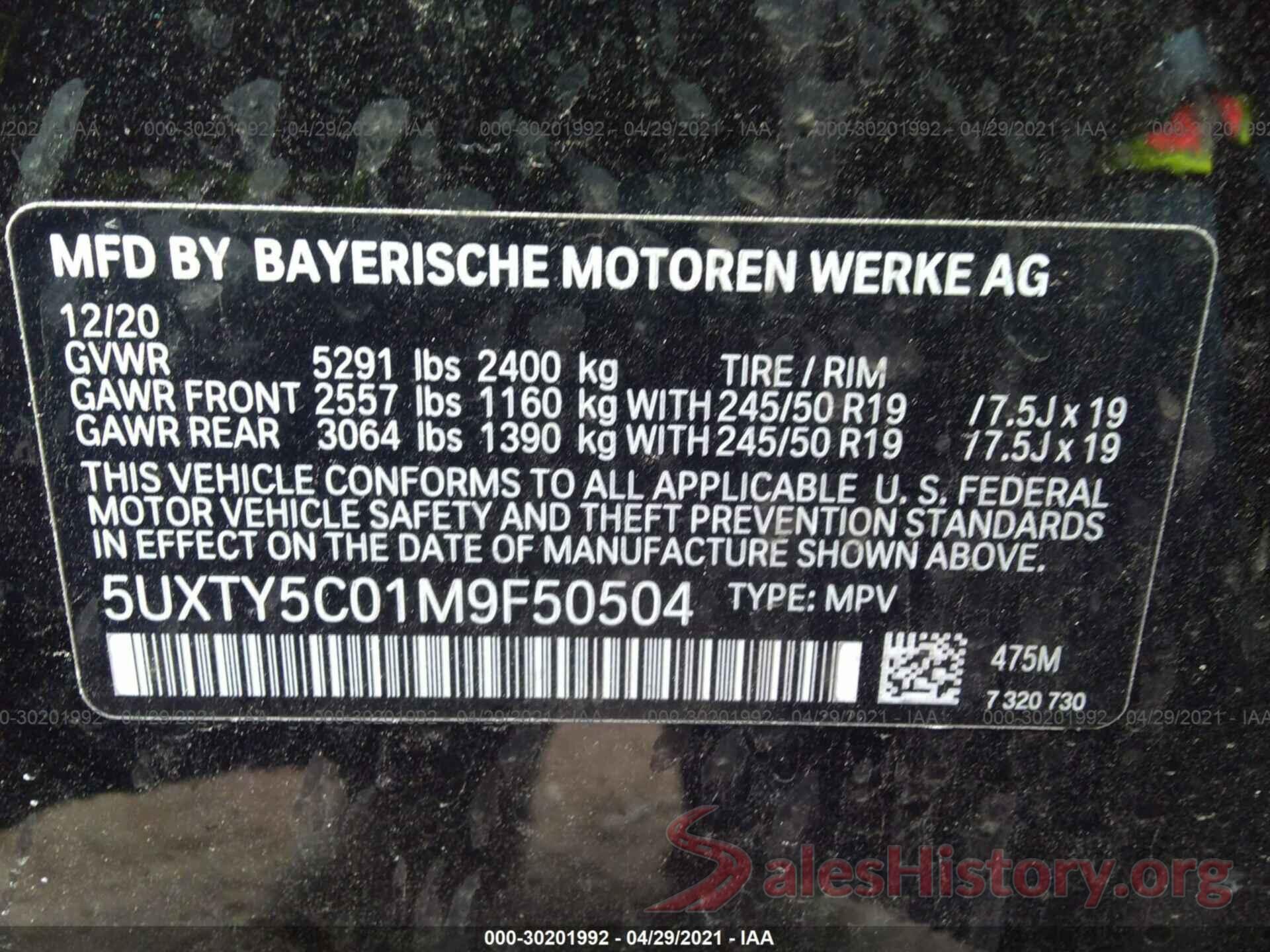 5UXTY5C01M9F50504 2021 BMW X3