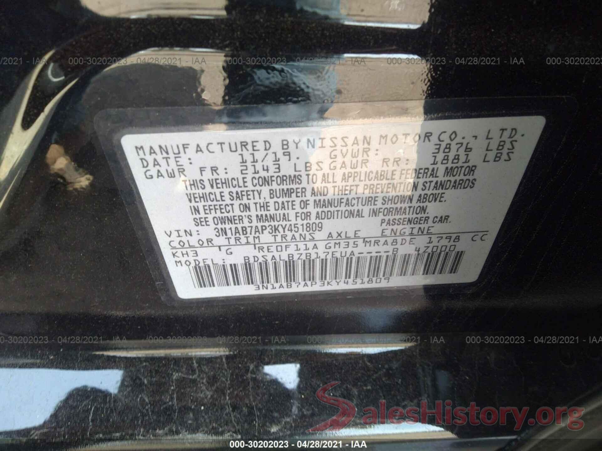 3N1AB7AP3KY451809 2019 NISSAN SENTRA