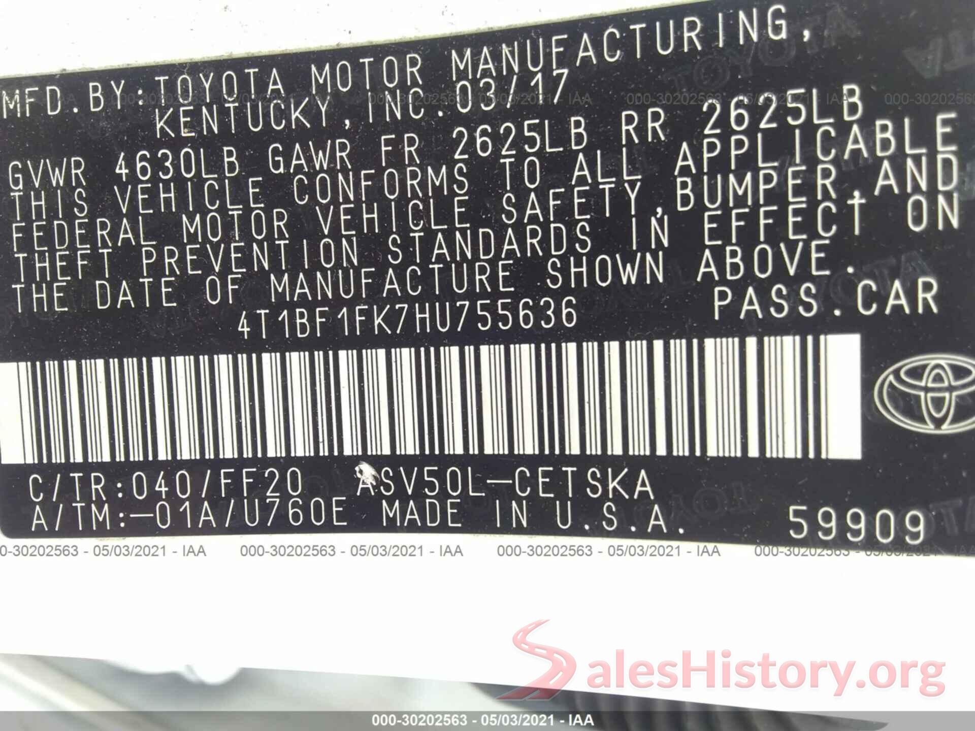 4T1BF1FK7HU755636 2017 TOYOTA CAMRY