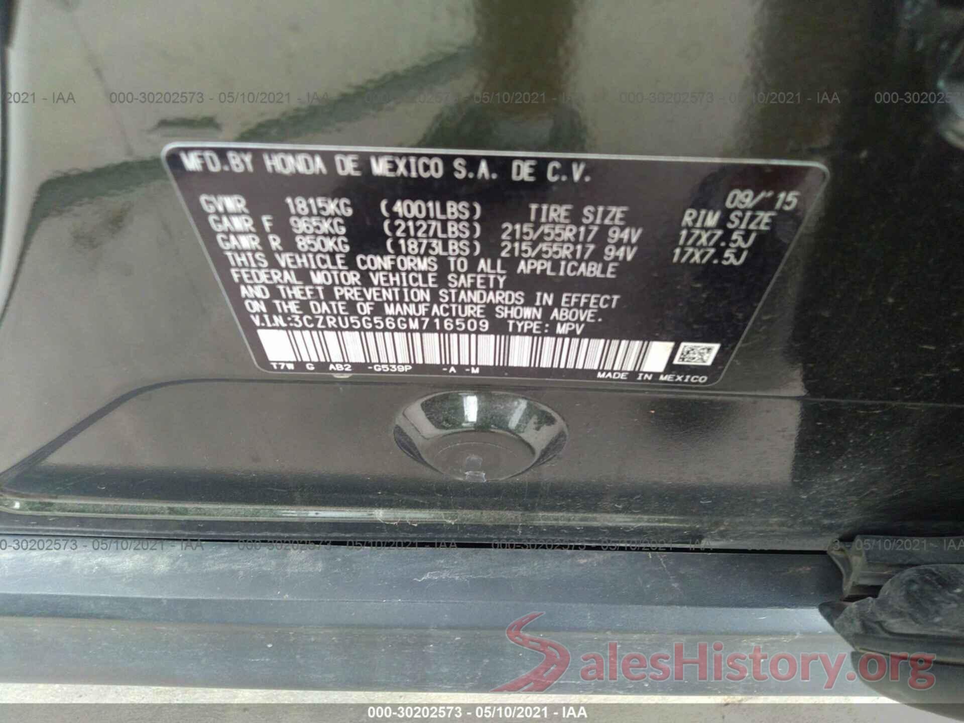 3CZRU5G56GM716509 2016 HONDA HR-V