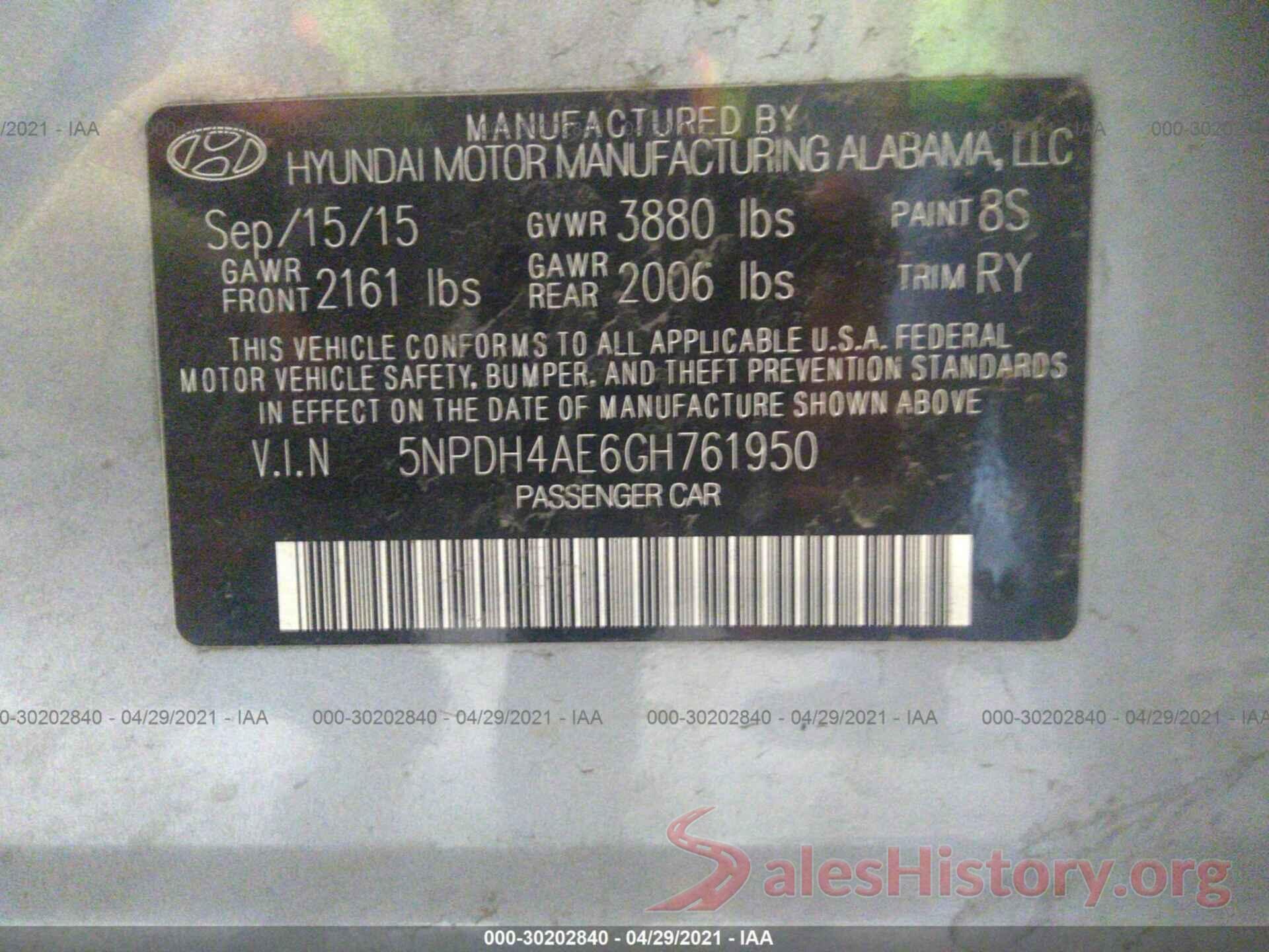 5NPDH4AE6GH761950 2016 HYUNDAI ELANTRA