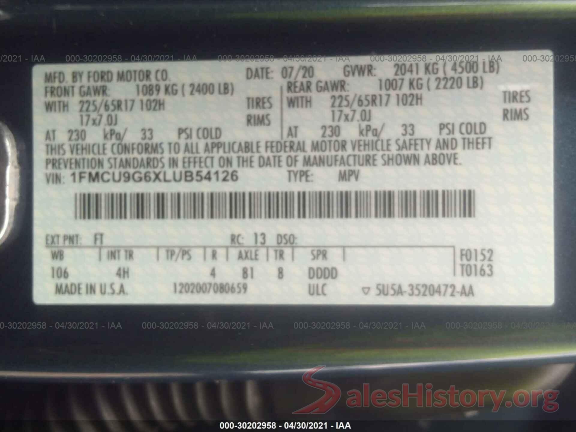 1FMCU9G6XLUB54126 2020 FORD ESCAPE