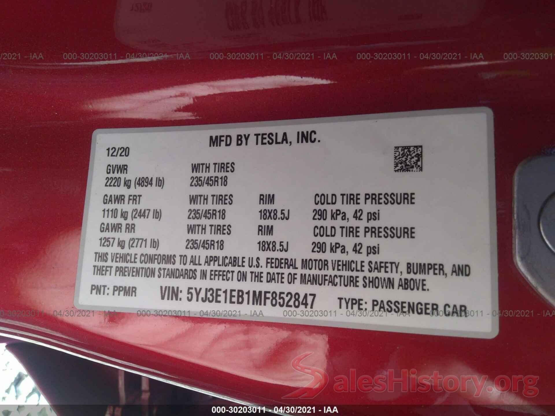 5YJ3E1EB1MF852847 2021 TESLA MODEL 3