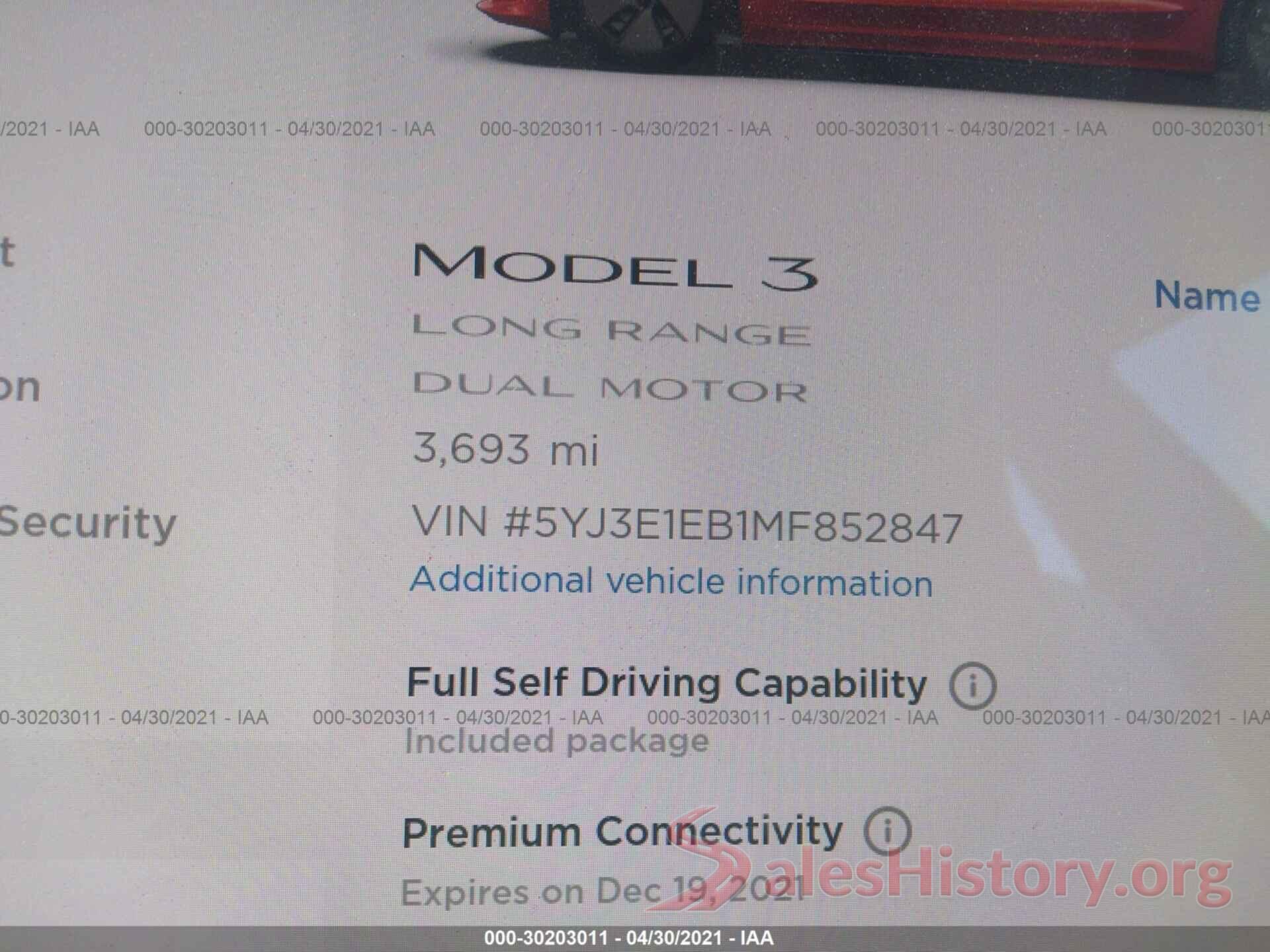 5YJ3E1EB1MF852847 2021 TESLA MODEL 3