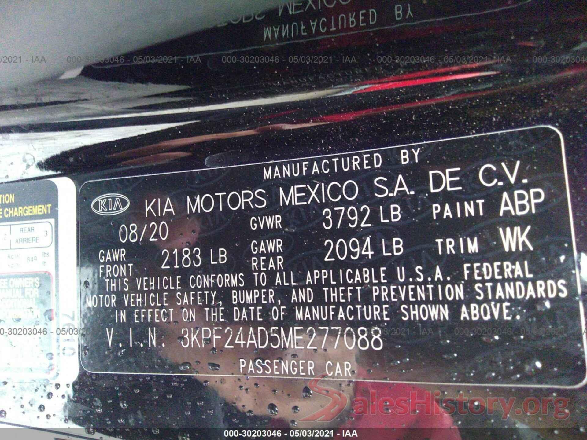 3KPF24AD5ME277088 2021 KIA FORTE