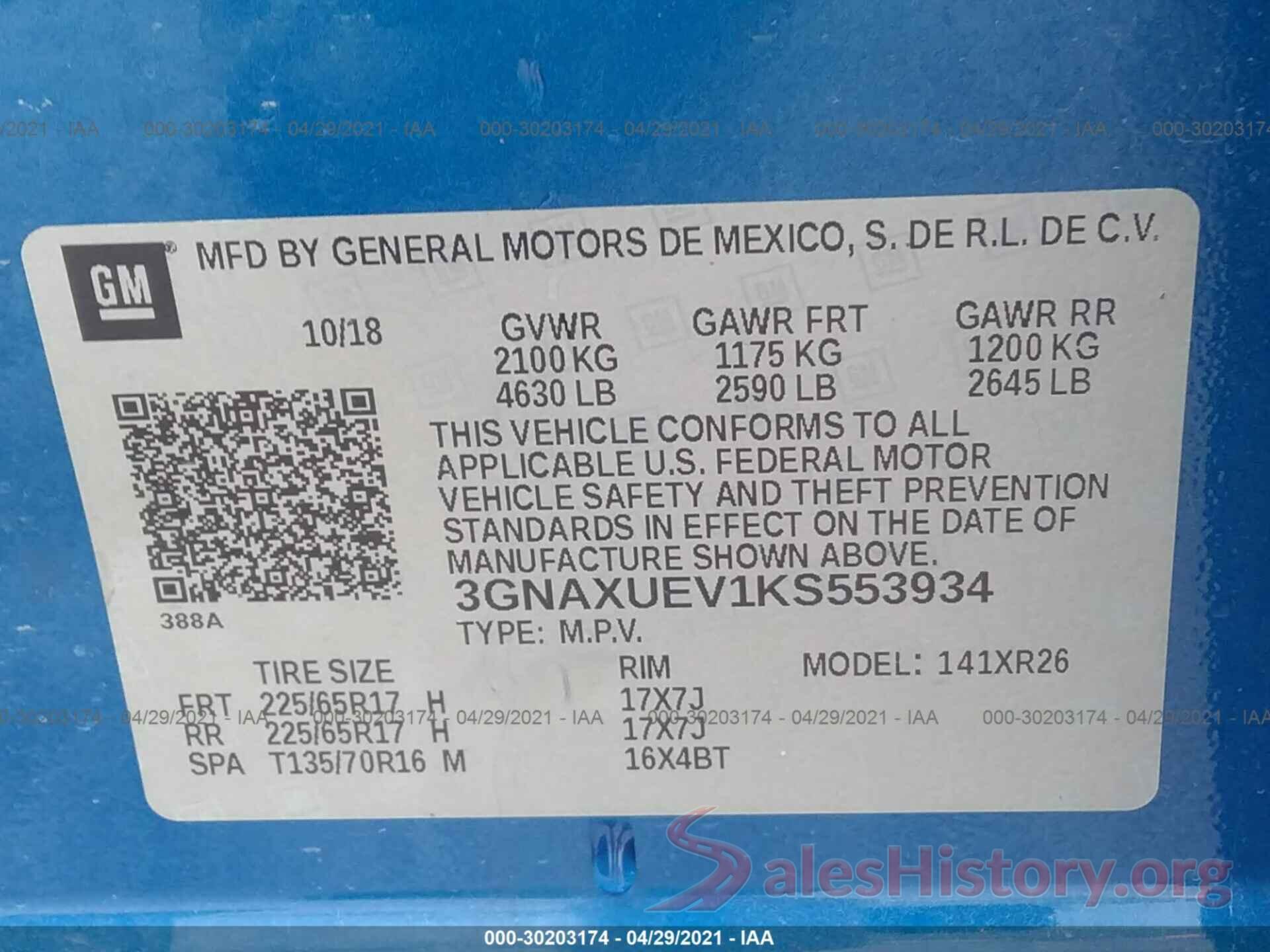 3GNAXUEV1KS553934 2019 CHEVROLET EQUINOX