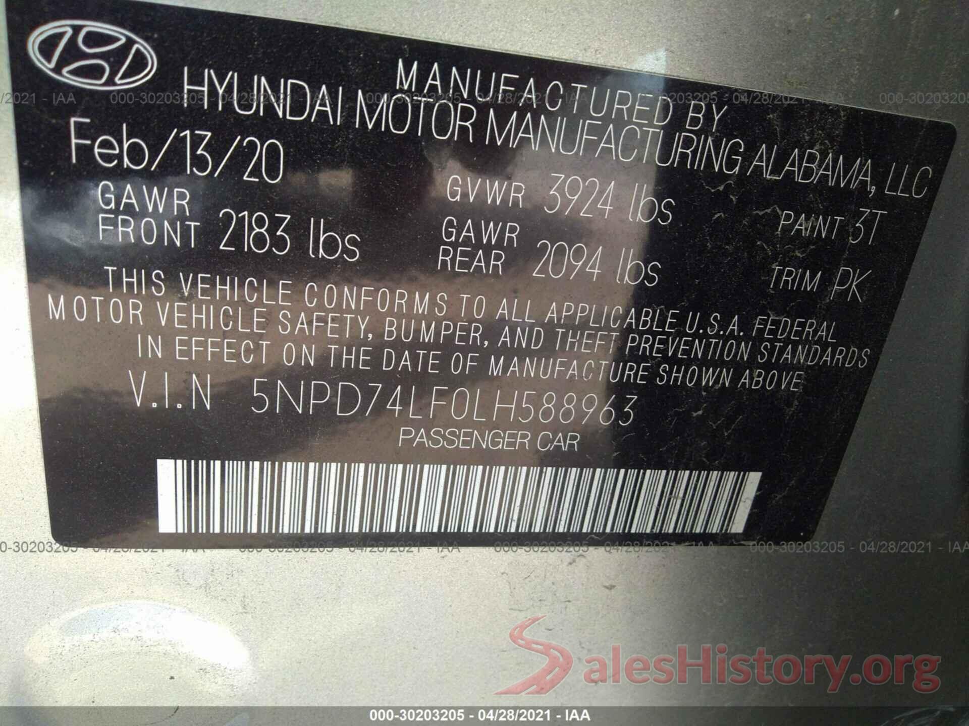 5NPD74LF0LH588963 2020 HYUNDAI ELANTRA