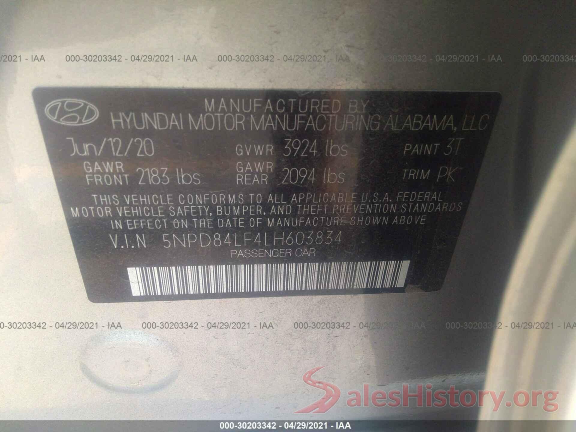 5NPD84LF4LH603834 2020 HYUNDAI ELANTRA