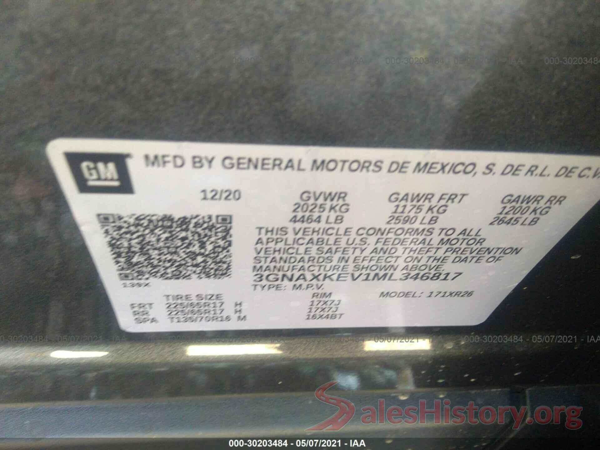 3GNAXKEV1ML346817 2021 CHEVROLET EQUINOX