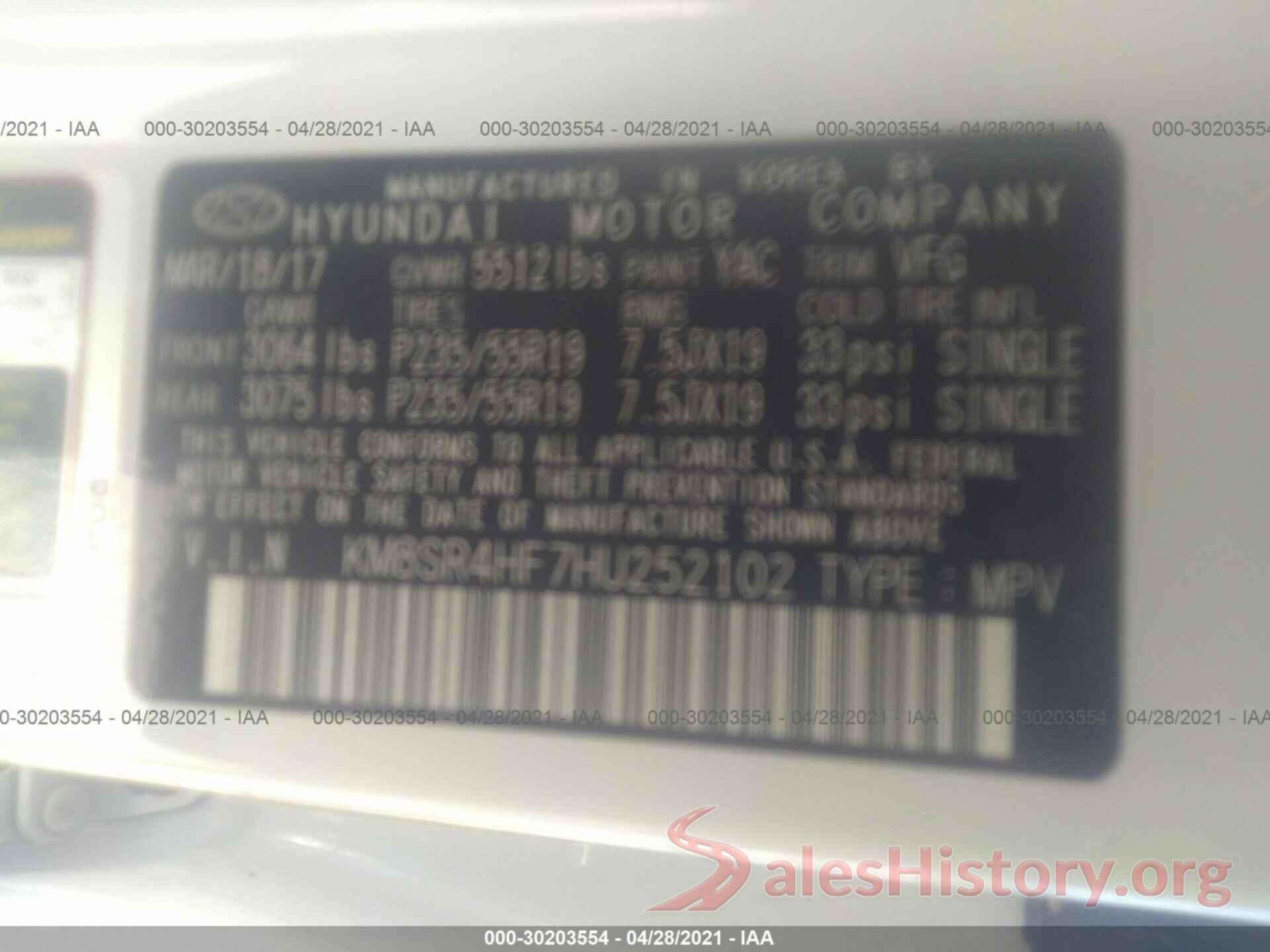 KM8SR4HF7HU252102 2017 HYUNDAI SANTA FE