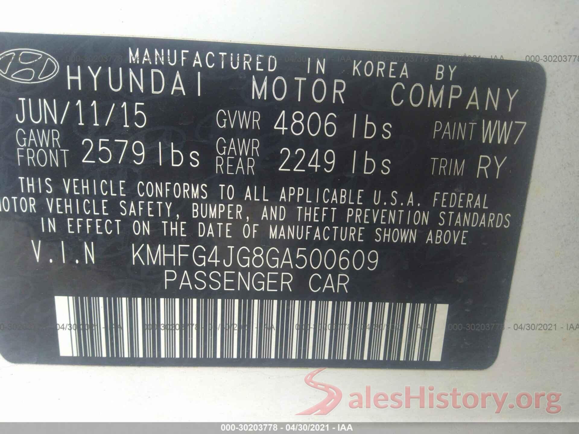 KMHFG4JG8GA500609 2016 HYUNDAI AZERA