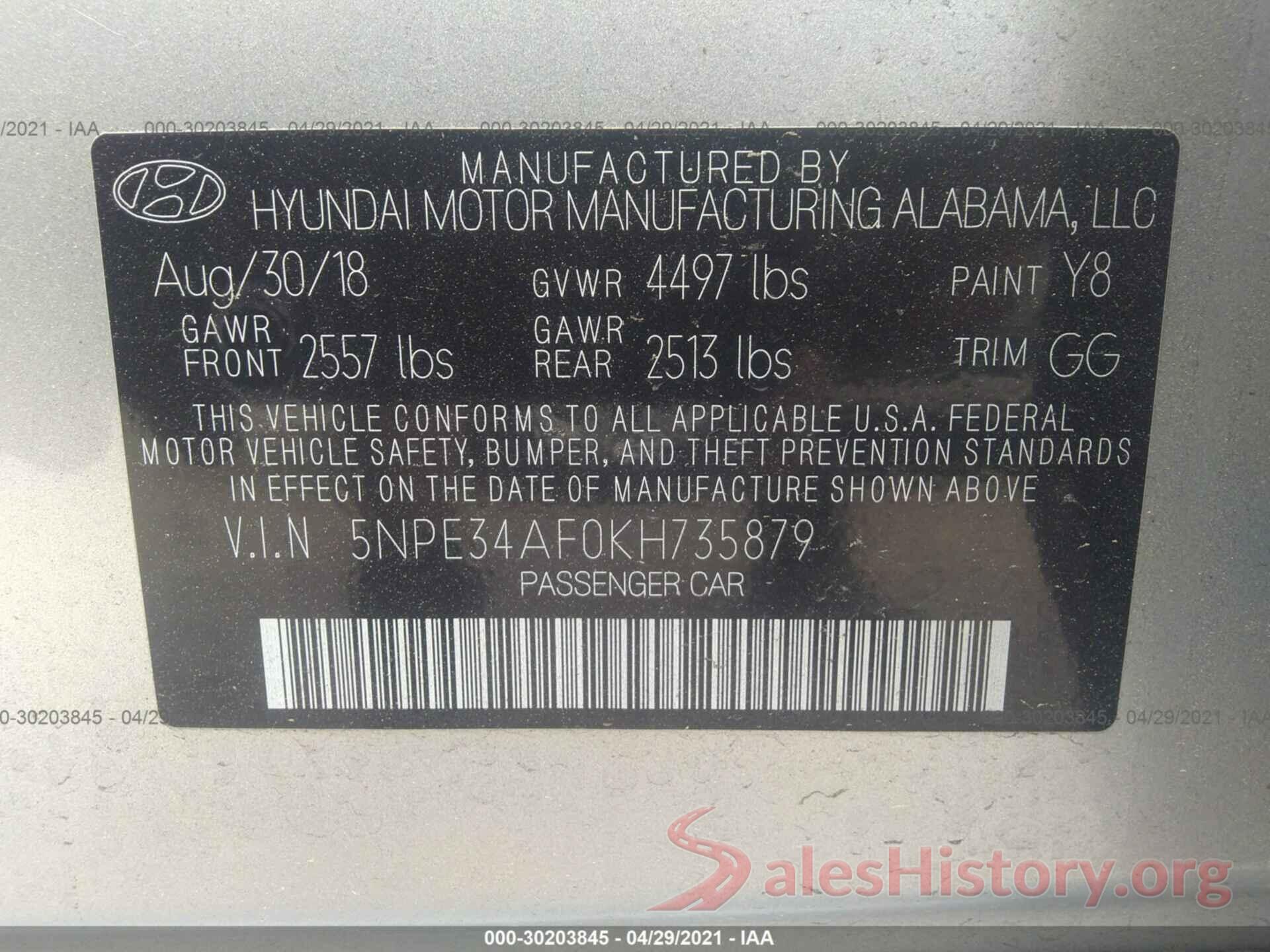 5NPE34AF0KH735879 2019 HYUNDAI SONATA