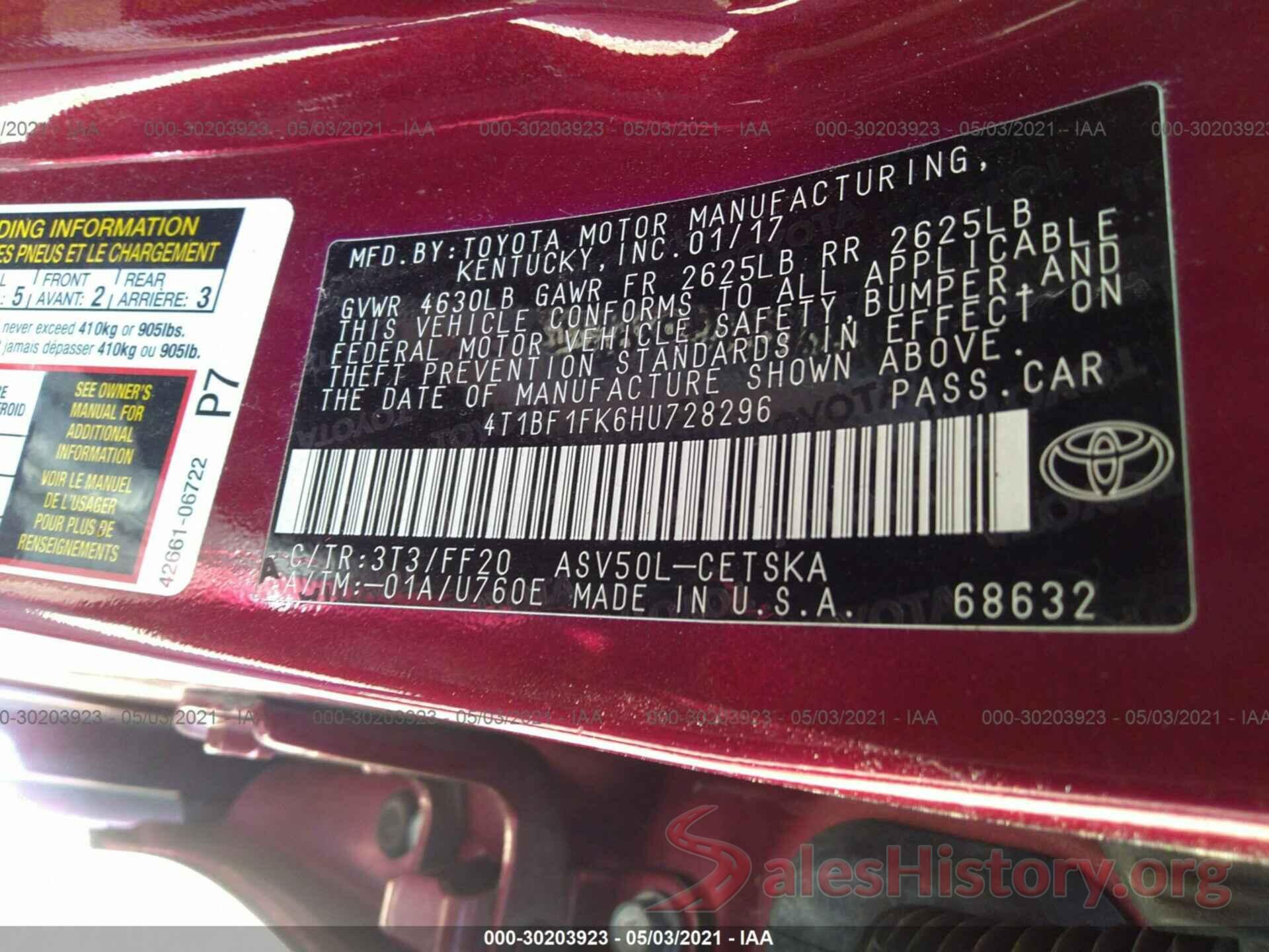 4T1BF1FK6HU728296 2017 TOYOTA CAMRY