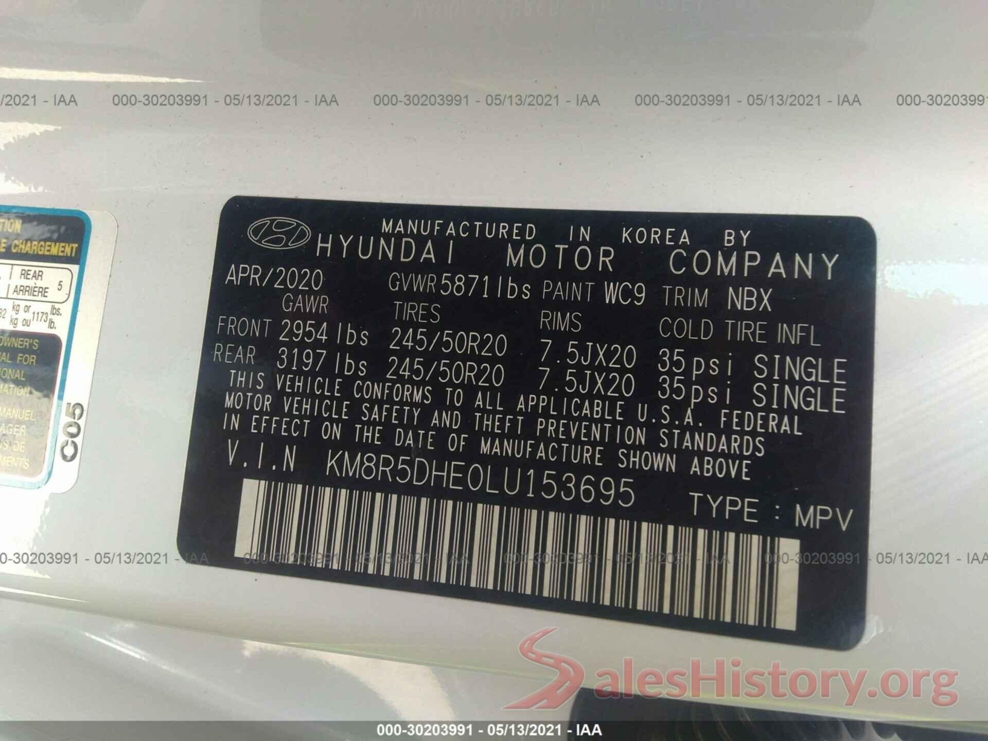 KM8R5DHE0LU153695 2020 HYUNDAI PALISADE