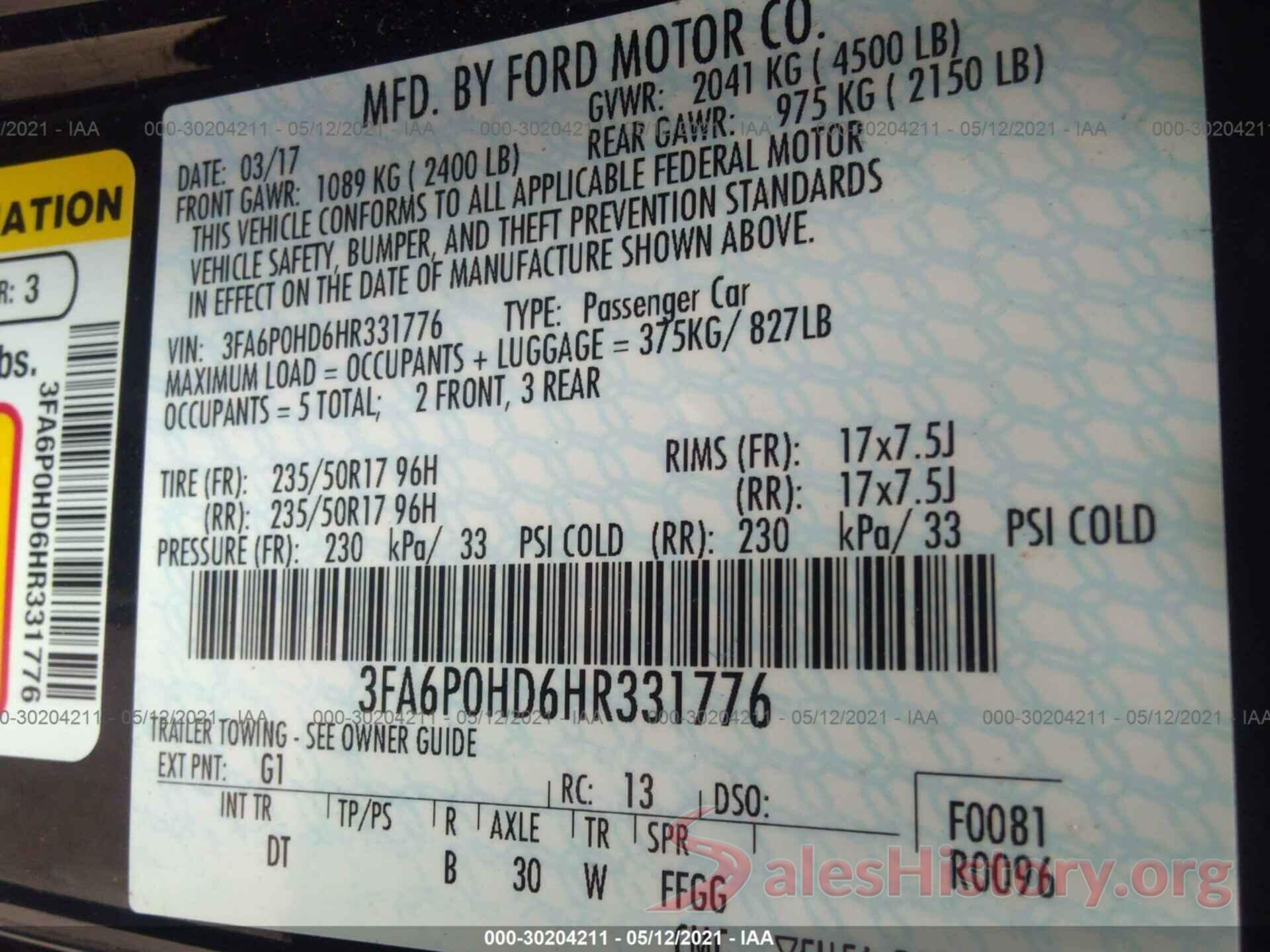 3FA6P0HD6HR331776 2017 FORD FUSION