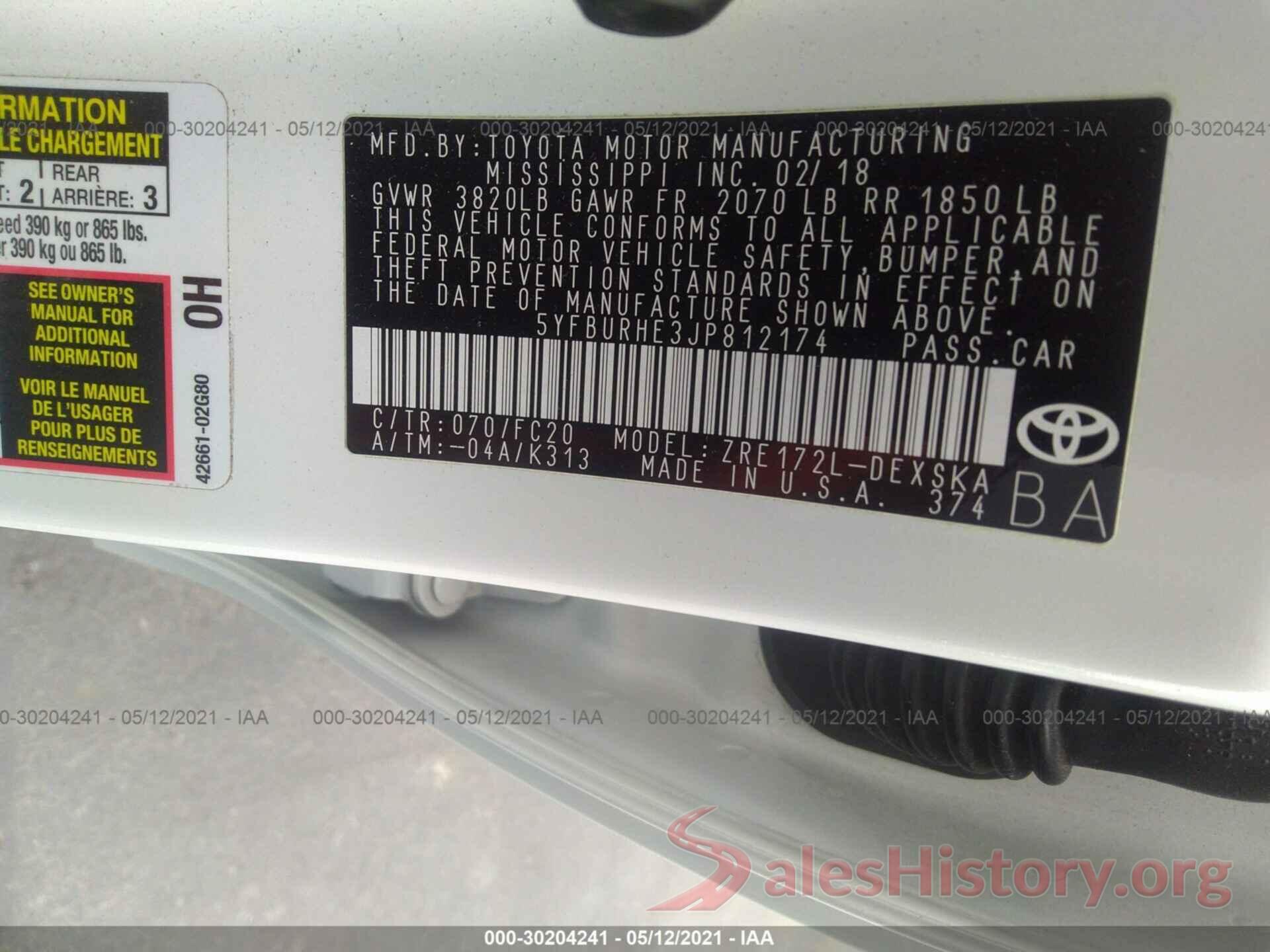 5YFBURHE3JP812174 2018 TOYOTA COROLLA