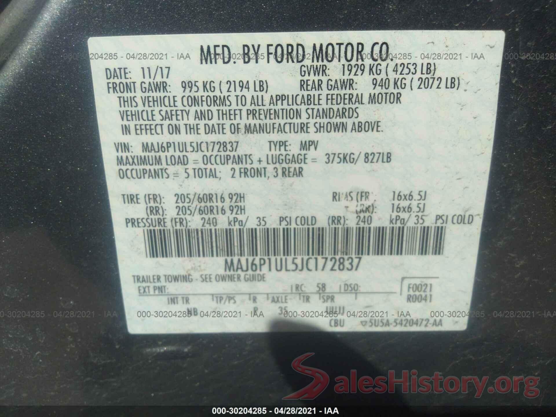 MAJ6P1UL5JC172837 2018 FORD ECOSPORT