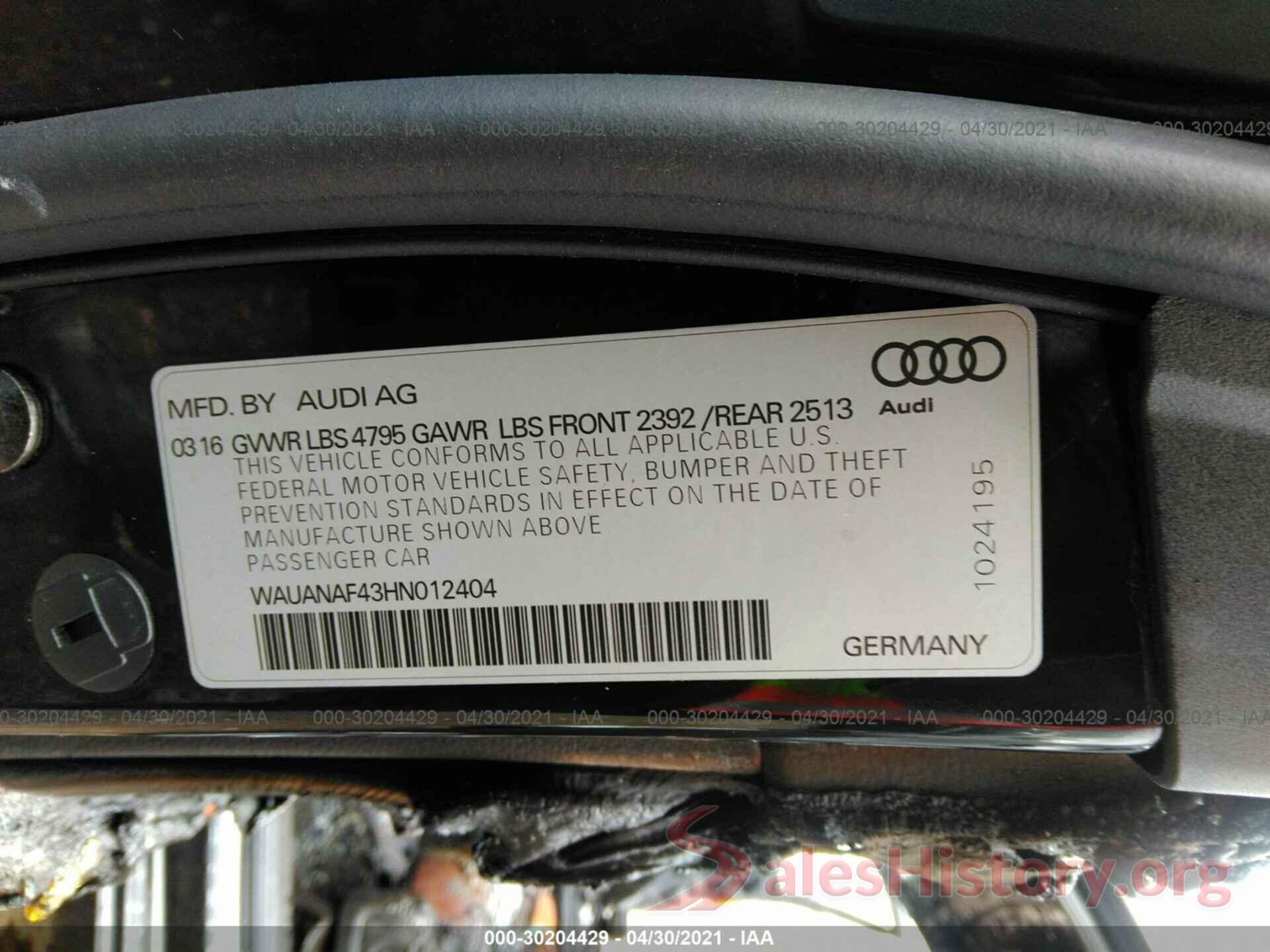 WAUANAF43HN012404 2017 AUDI A4