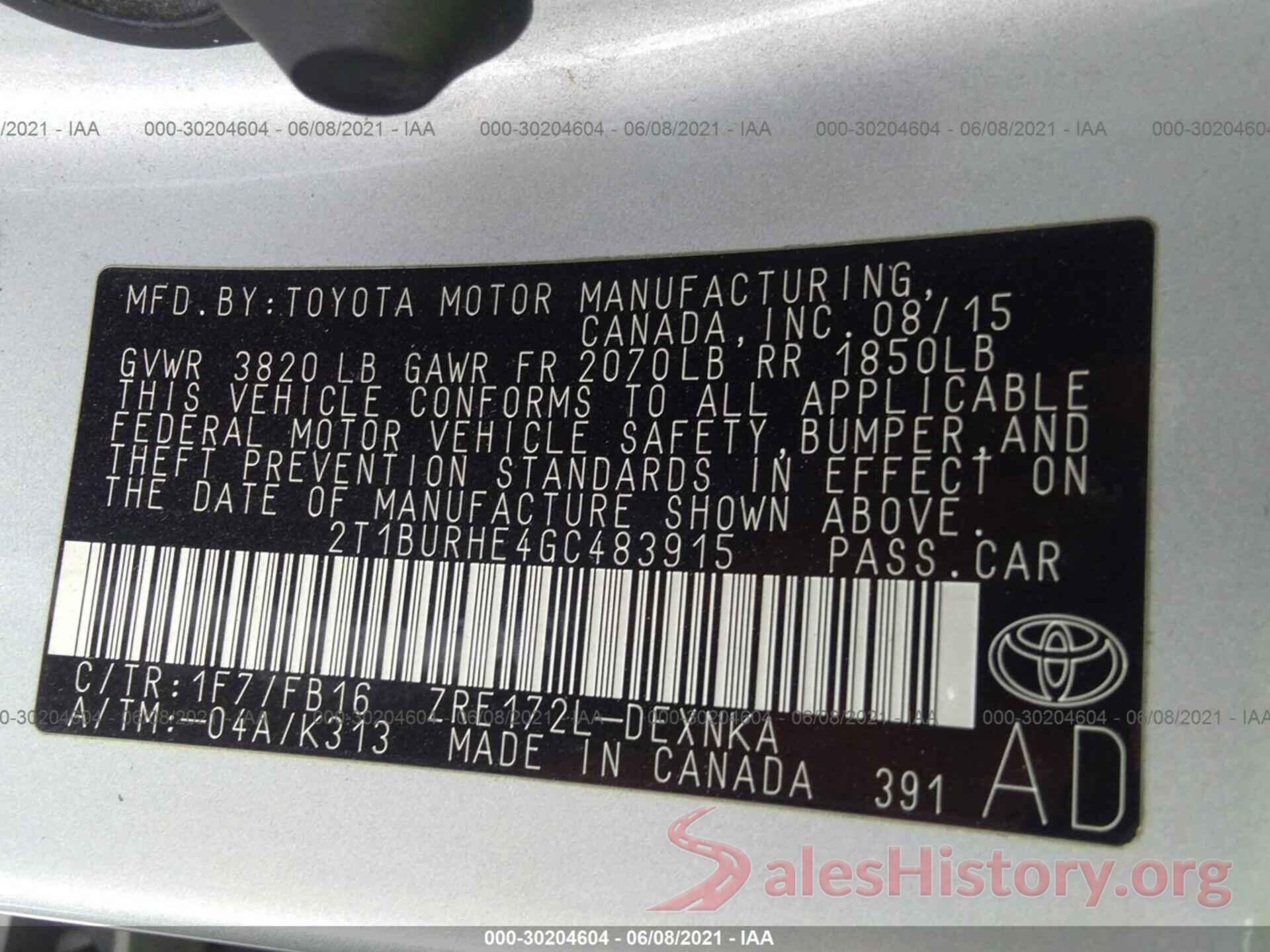 2T1BURHE4GC483915 2016 TOYOTA COROLLA