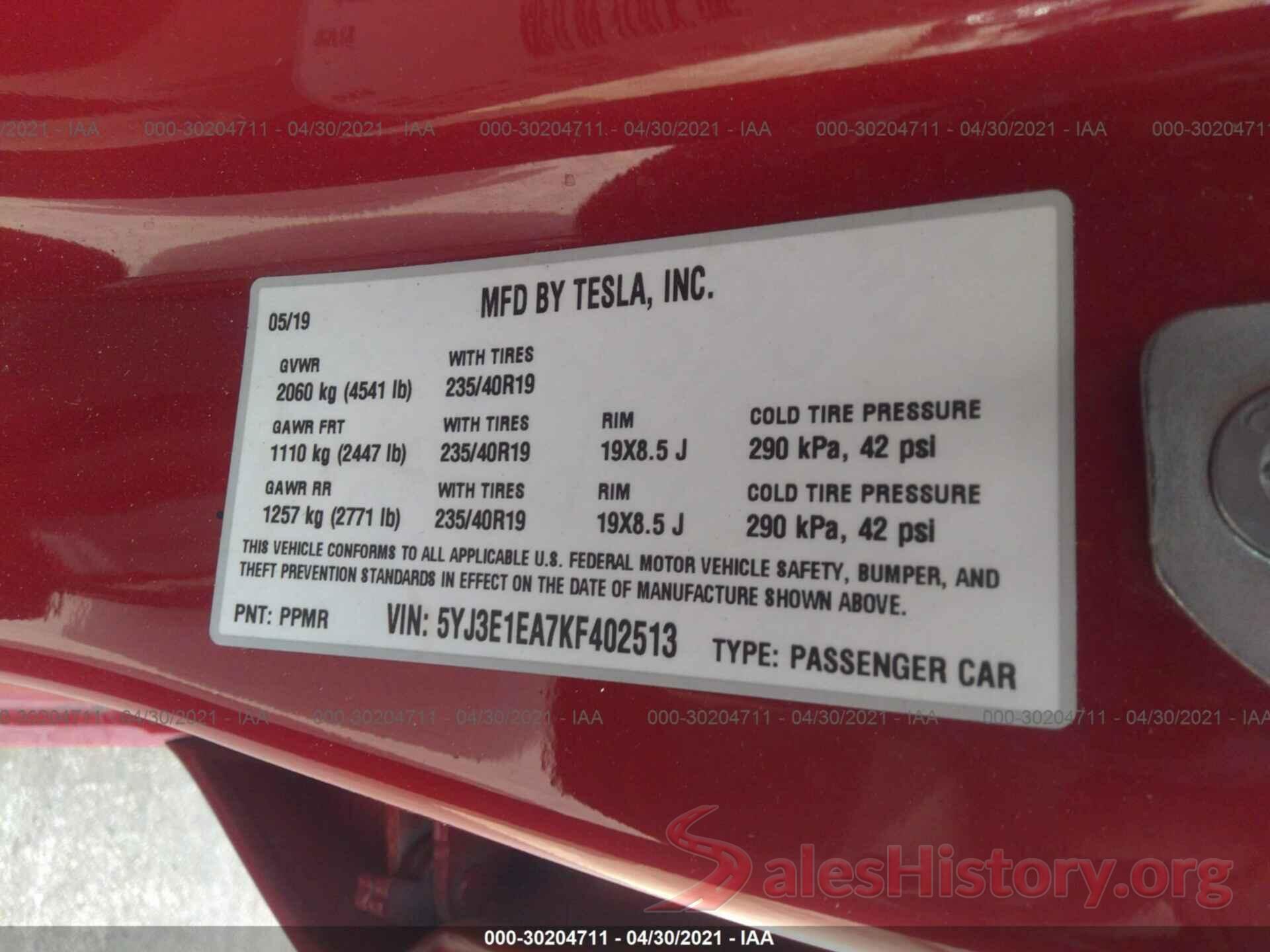 5YJ3E1EA7KF402513 2019 TESLA MODEL 3