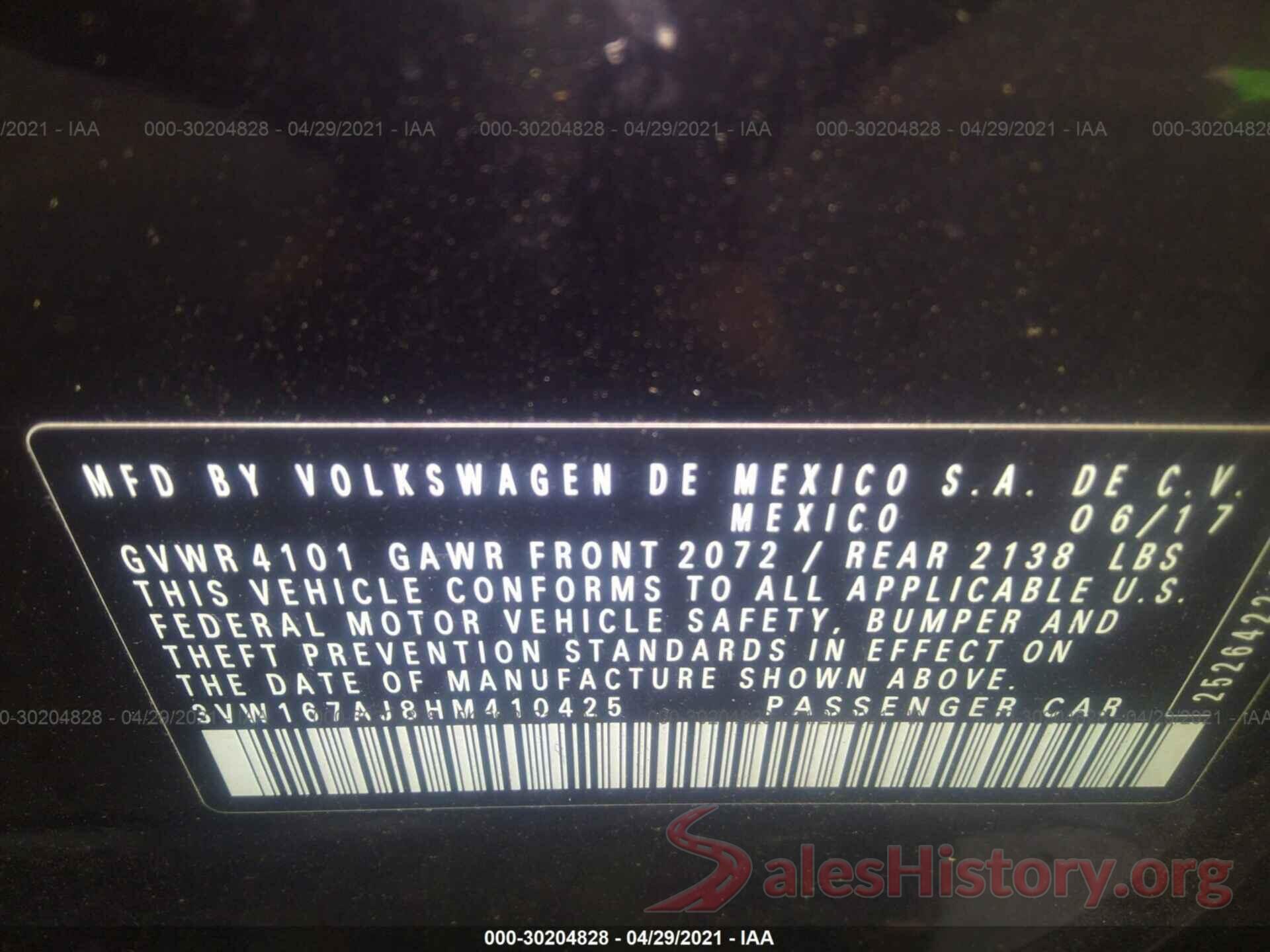 3VW167AJ8HM410425 2017 VOLKSWAGEN JETTA