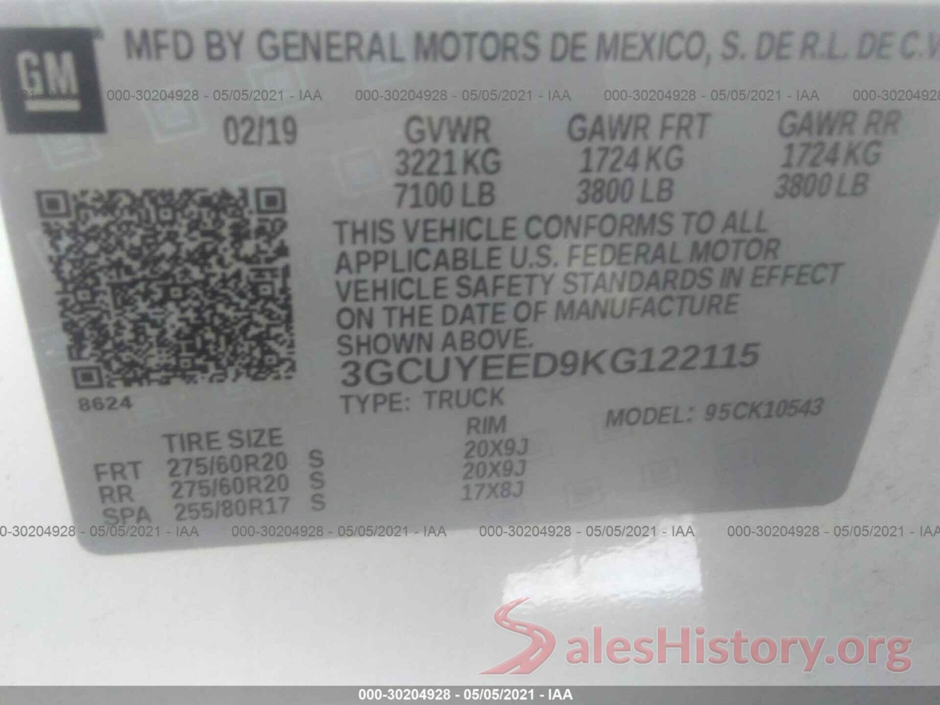 3GCUYEED9KG122115 2019 CHEVROLET SILVERADO 1500