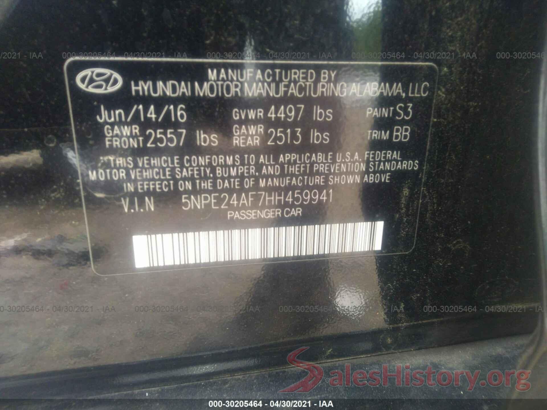 5NPE24AF7HH459941 2017 HYUNDAI SONATA