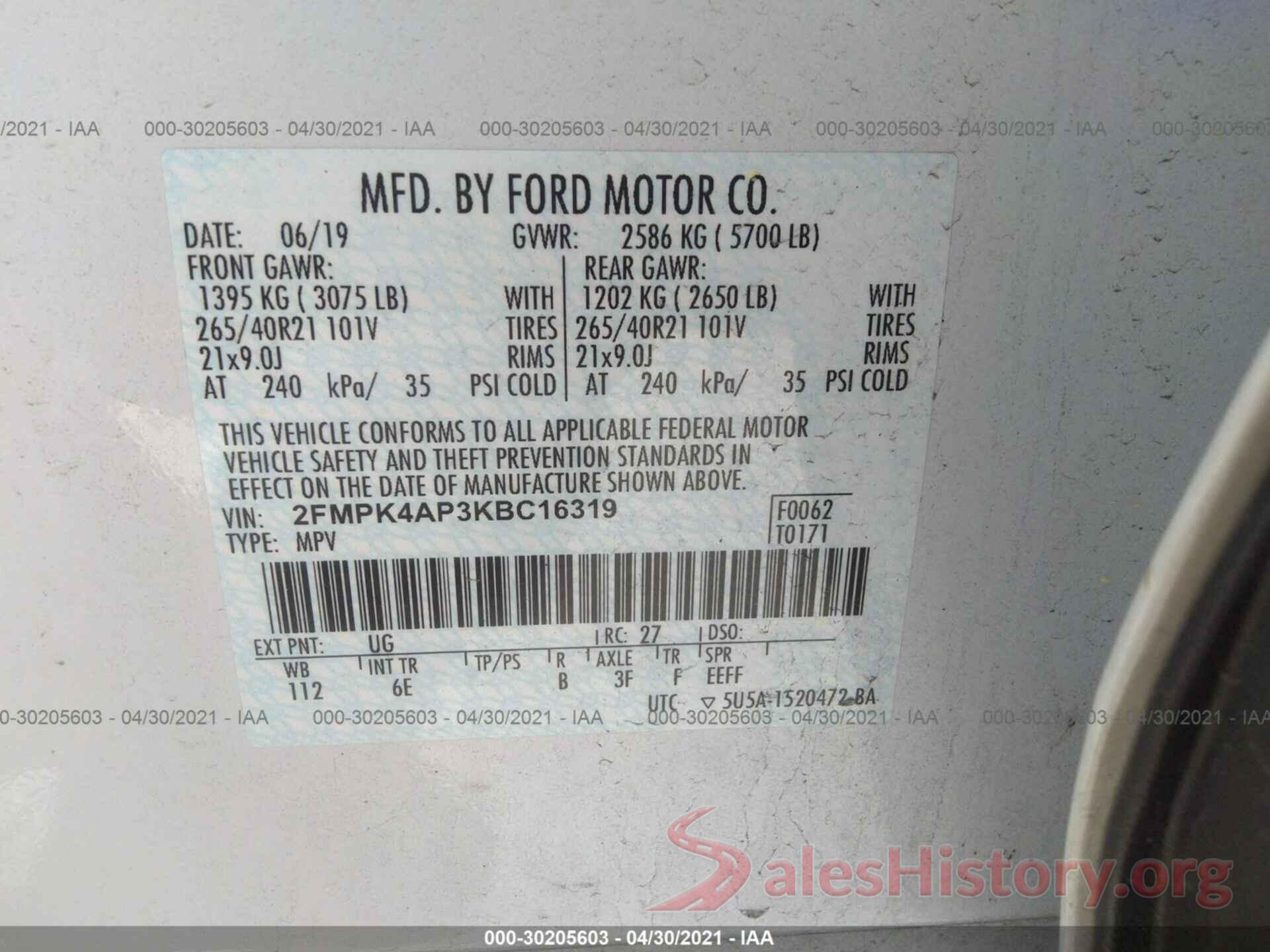 2FMPK4AP3KBC16319 2019 FORD EDGE