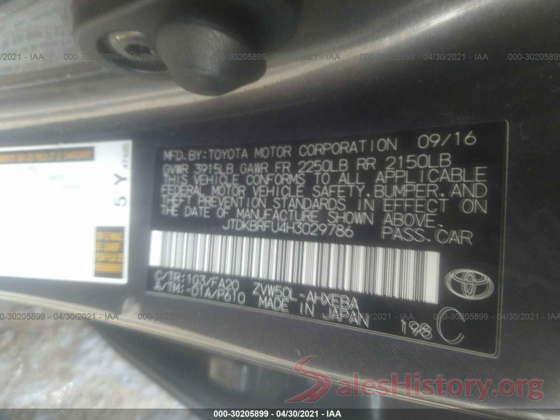 JTDKBRFU4H3029786 2017 TOYOTA PRIUS