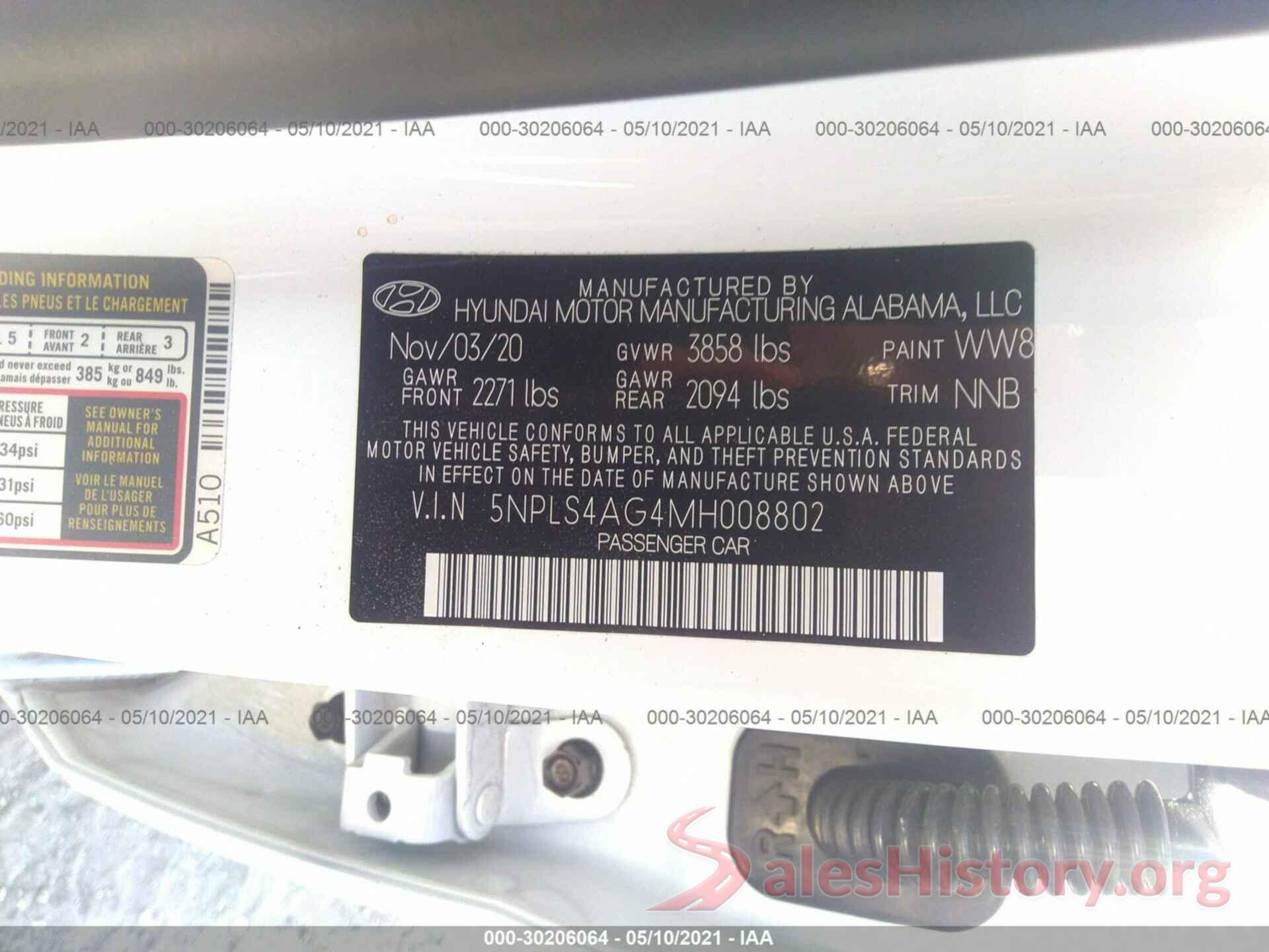 5NPLS4AG4MH008802 2021 HYUNDAI ELANTRA