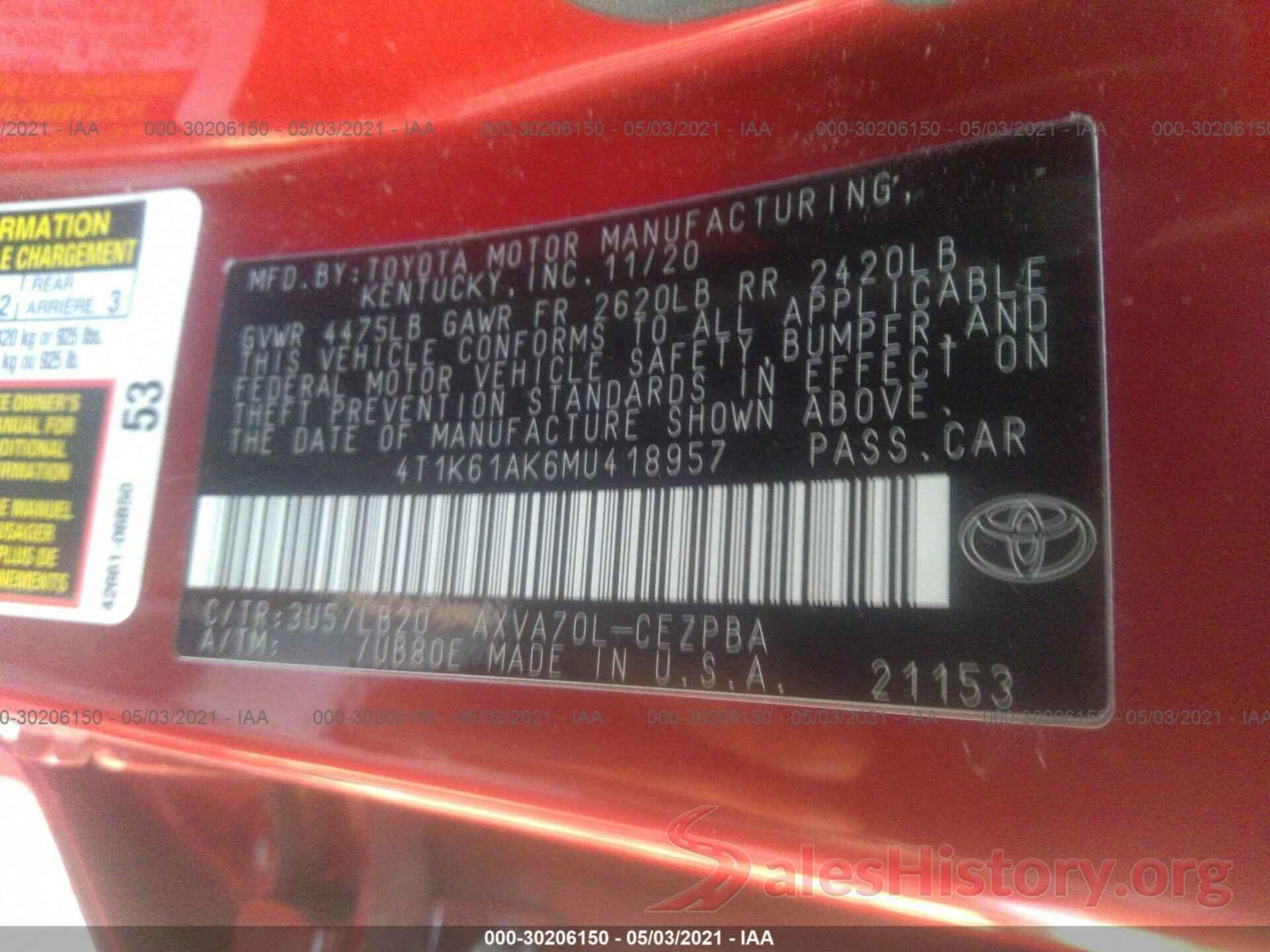 4T1K61AK6MU418957 2021 TOYOTA CAMRY