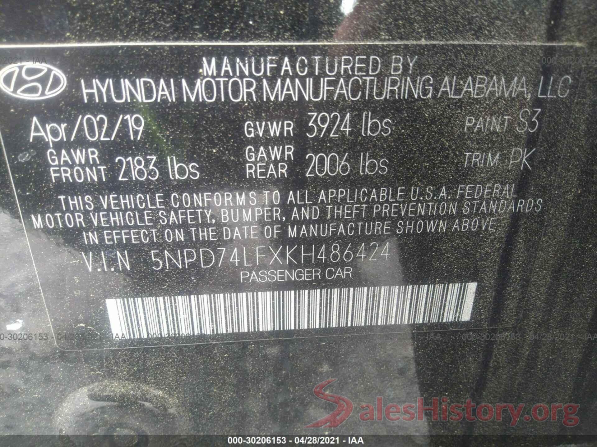 5NPD74LFXKH486424 2019 HYUNDAI ELANTRA