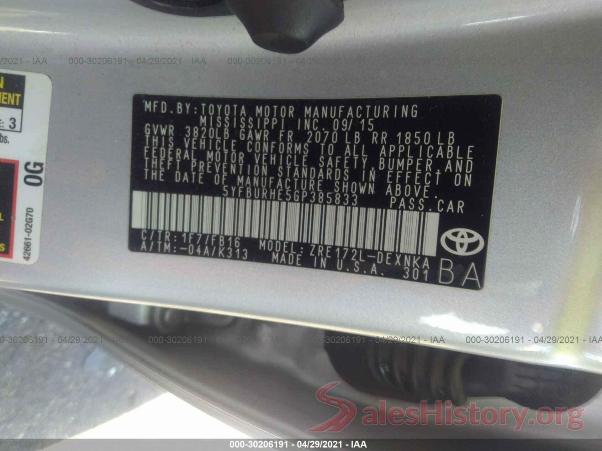 5YFBURHE5GP385833 2016 TOYOTA COROLLA