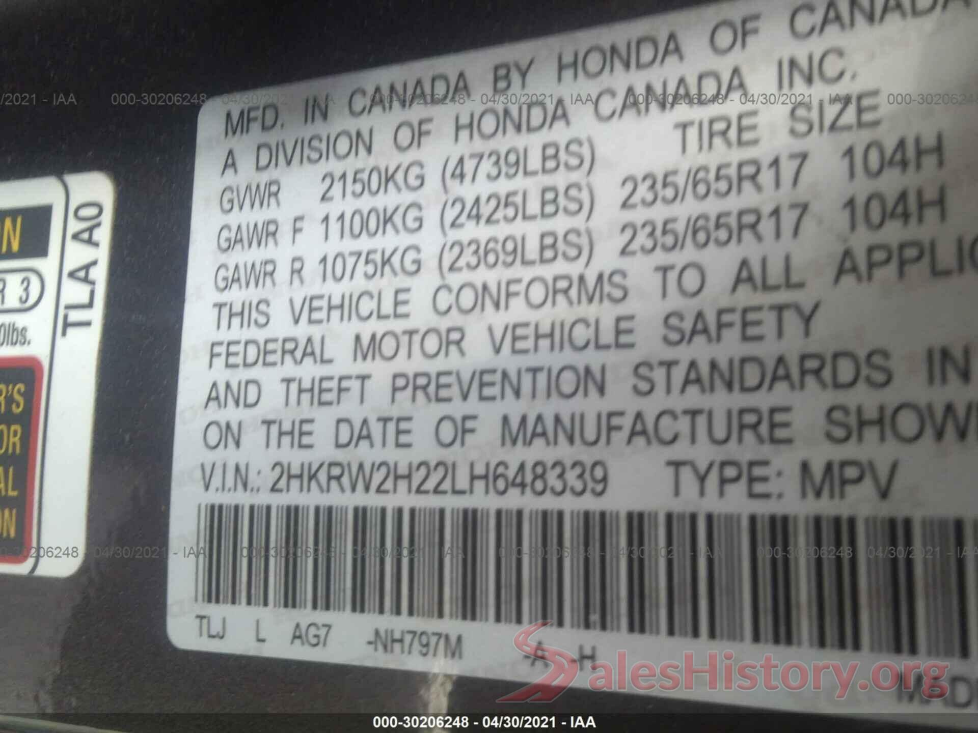 2HKRW2H22LH648339 2020 HONDA CR-V