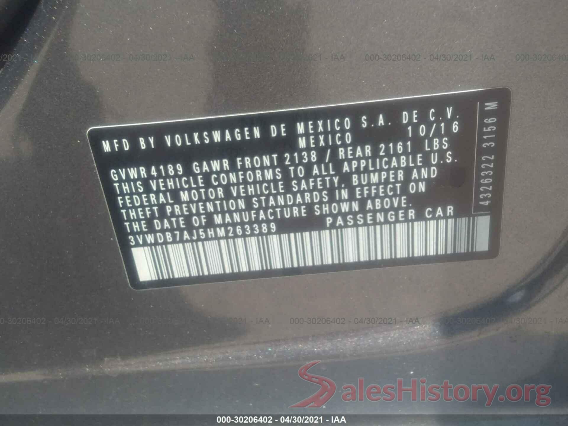 3VWDB7AJ5HM263389 2017 VOLKSWAGEN JETTA