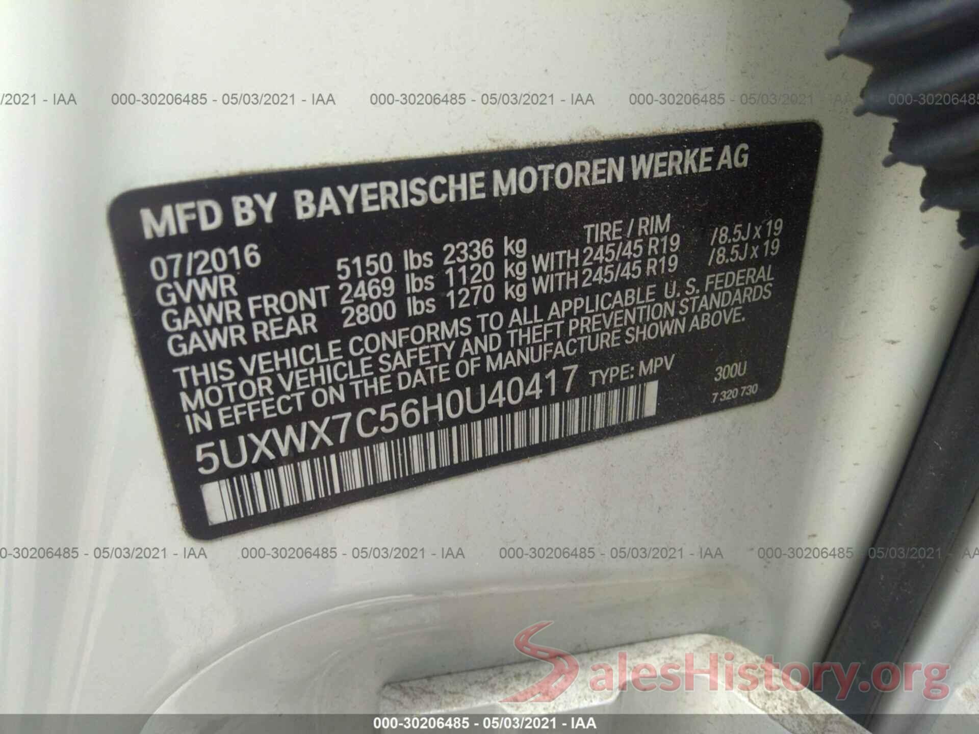 5UXWX7C56H0U40417 2017 BMW X3