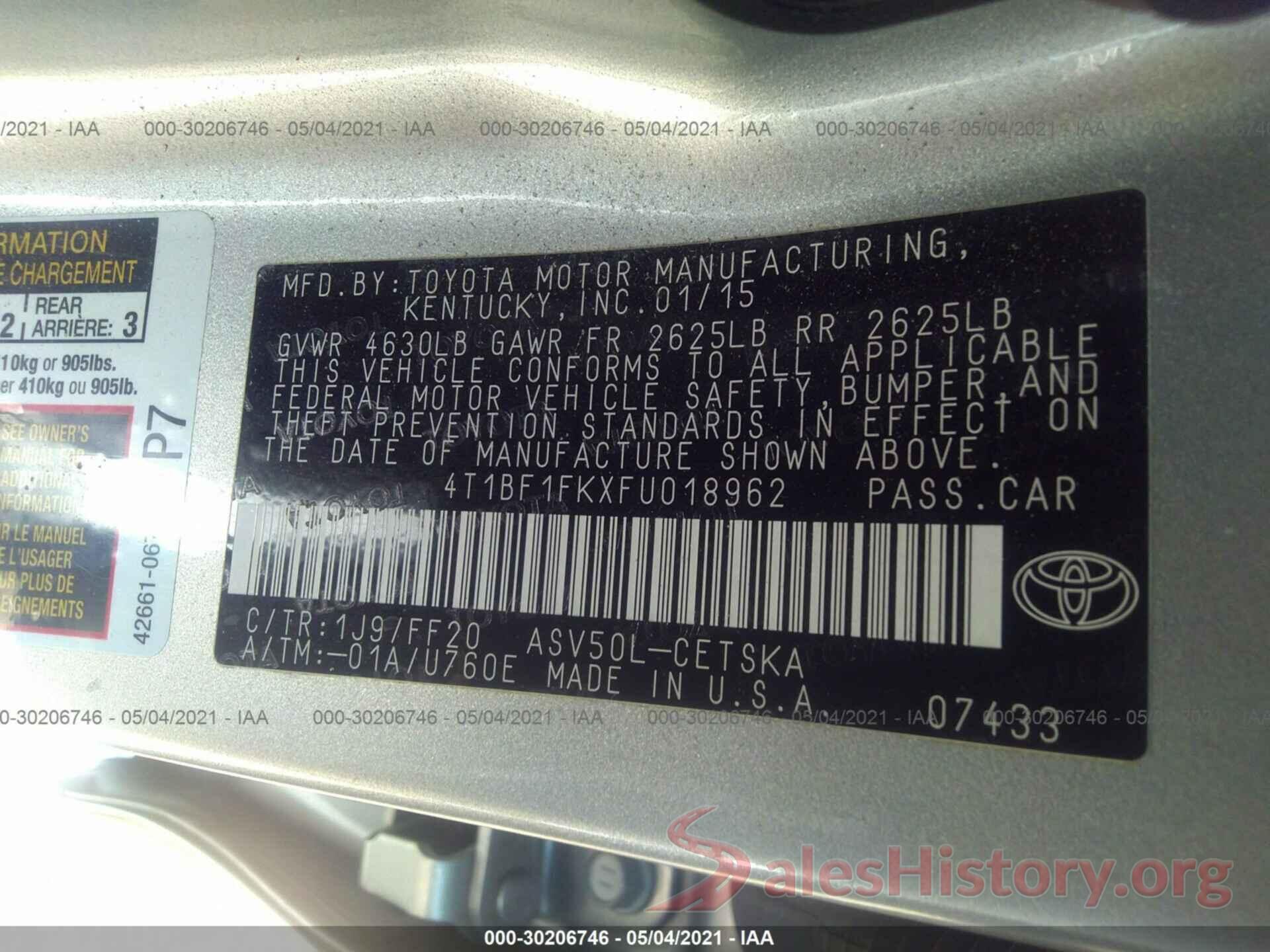 4T1BF1FKXFU018962 2015 TOYOTA CAMRY