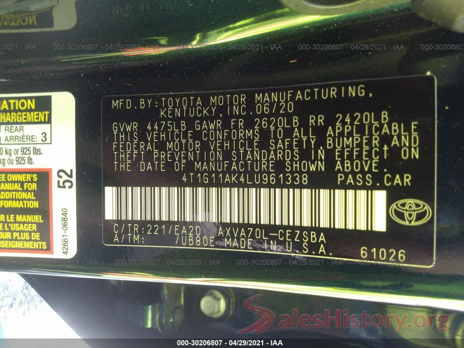 4T1G11AK4LU961338 2020 TOYOTA CAMRY