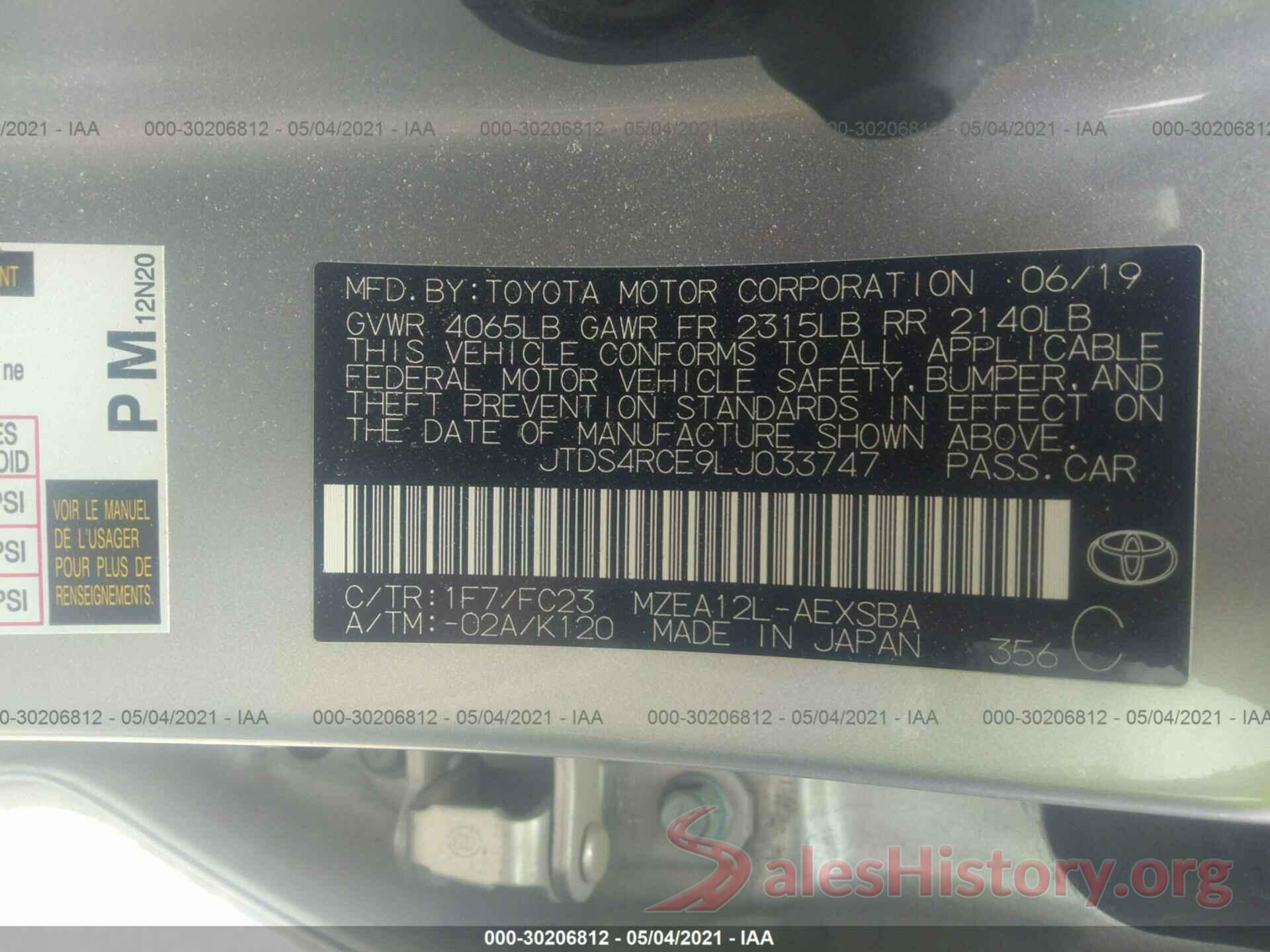 JTDS4RCE9LJ033747 2020 TOYOTA COROLLA