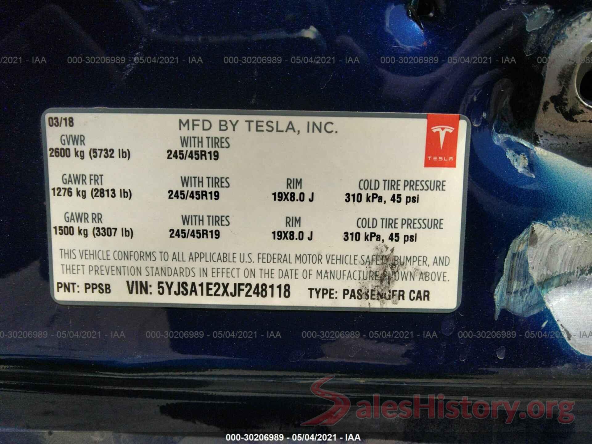 5YJSA1E2XJF248118 2018 TESLA MODEL S