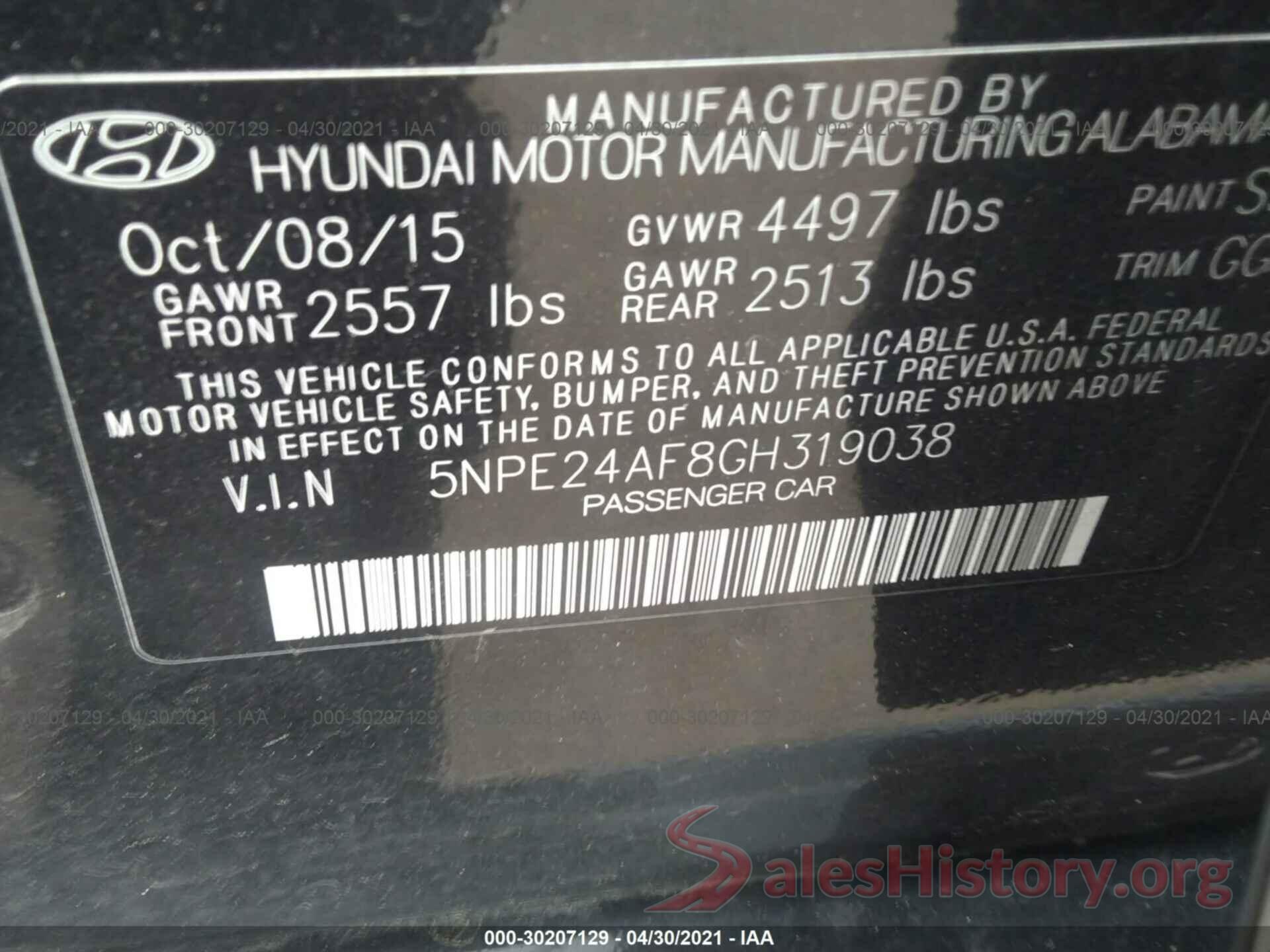 5NPE24AF8GH319038 2016 HYUNDAI SONATA