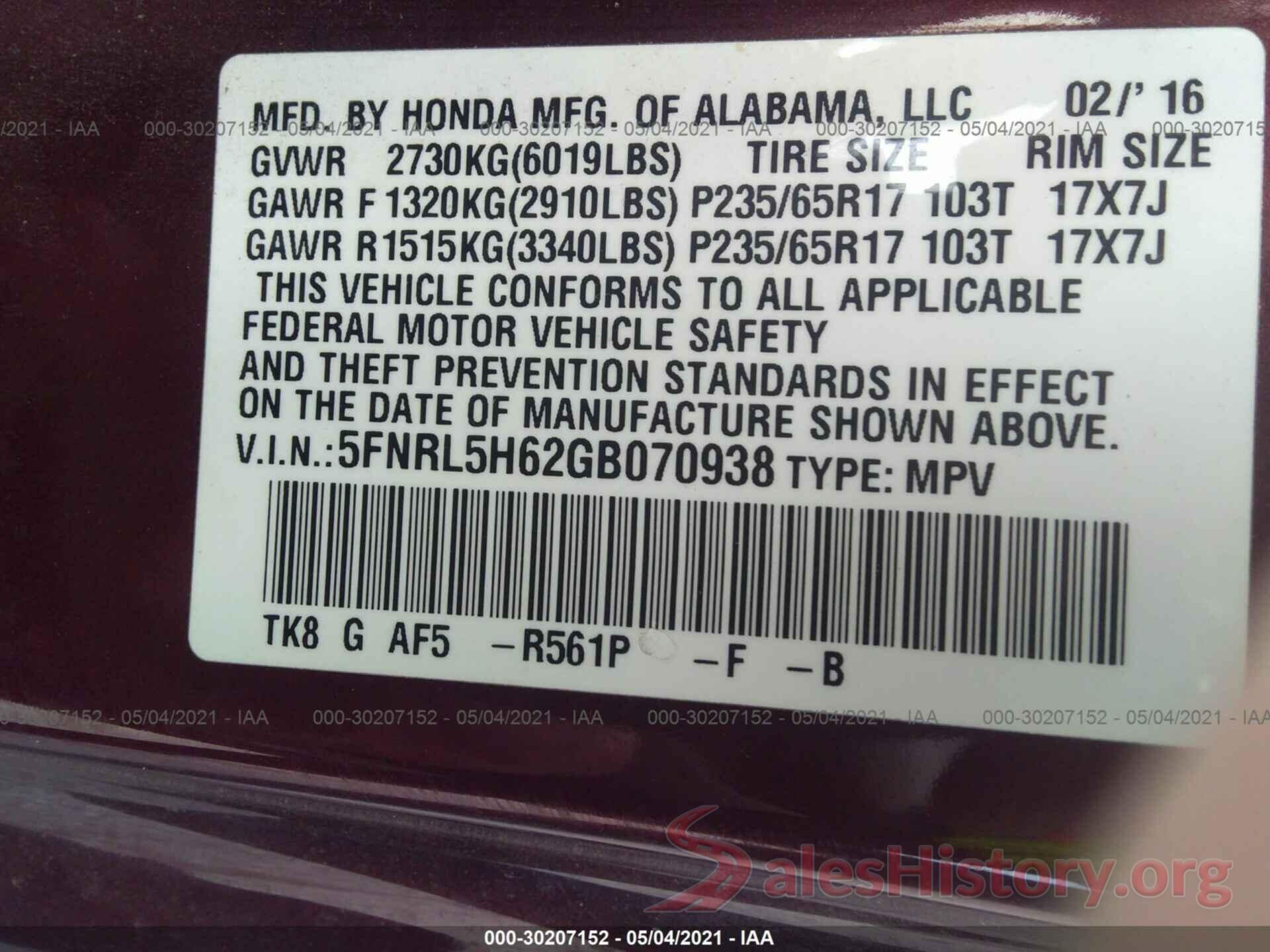 5FNRL5H62GB070938 2016 HONDA ODYSSEY