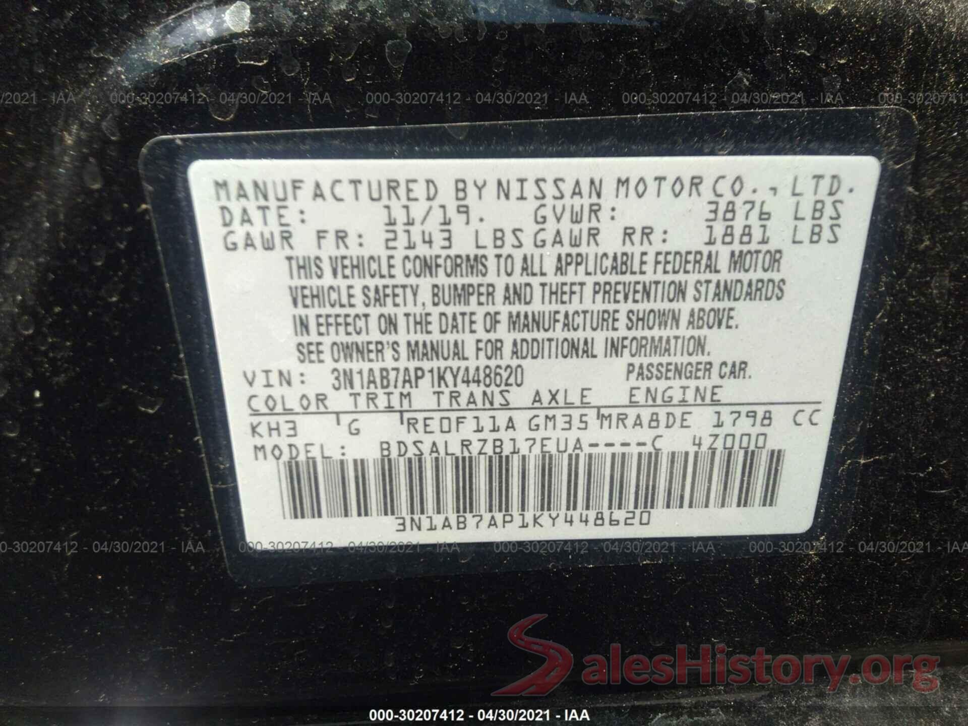 3N1AB7AP1KY448620 2019 NISSAN SENTRA