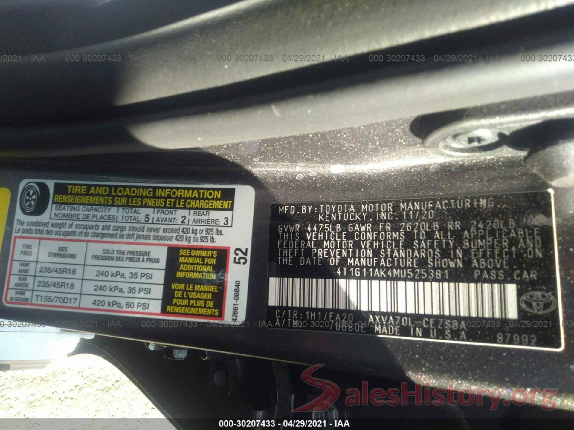 4T1G11AK4MU525381 2021 TOYOTA CAMRY