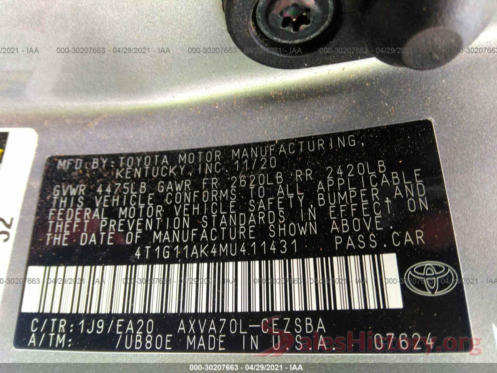 4T1G11AK4MU411431 2021 TOYOTA CAMRY